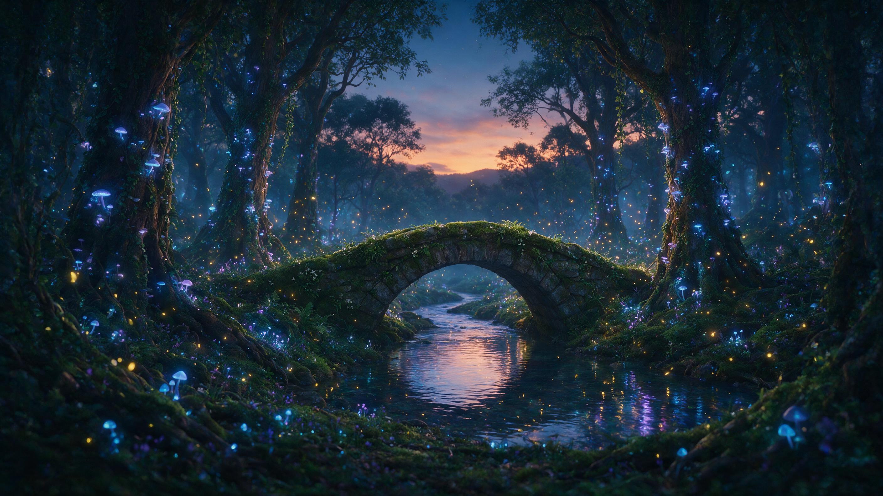 A glowing, bioluminescent forest at twilight, with ancient, gnarled trees emitting soft blue and purple light. Fireflies dance in the misty air, and a crystal-clear stream winds through the scene, reflecting the ethereal glow. The composition centers on a mossy stone bridge, with a subtle, dreamy ha