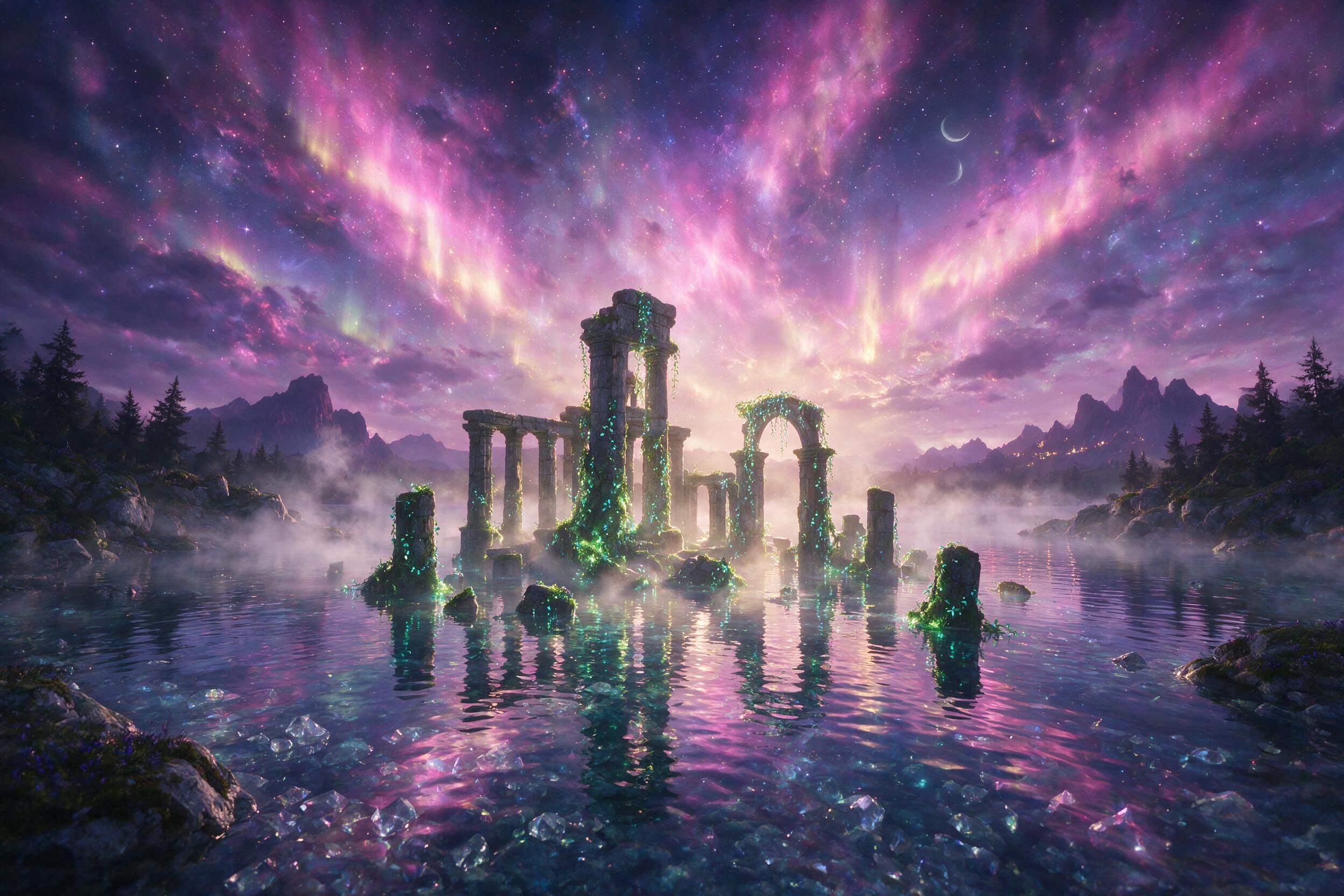 A glowing crystal lake beneath a sky of swirling pink and purple auroras, ancient stone ruins half-submerged in the water, bioluminescent moss and vines cascading from cracked pillars, soft mist rising with a faint golden light, ethereal and serene, natural lighting with a dreamy haze