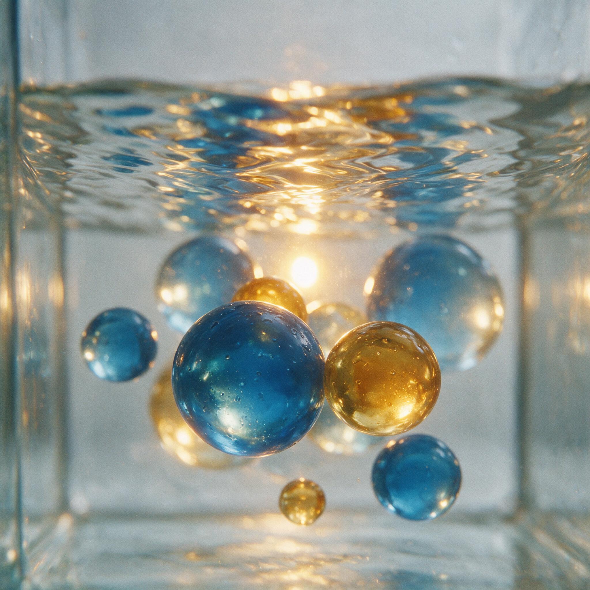 Close-up of translucent blue and amber resin spheres suspended in clear water, soft ripples distorting reflections, backlit by a single warm LED source, shallow depth of field, slight grain, minimalist composition.
