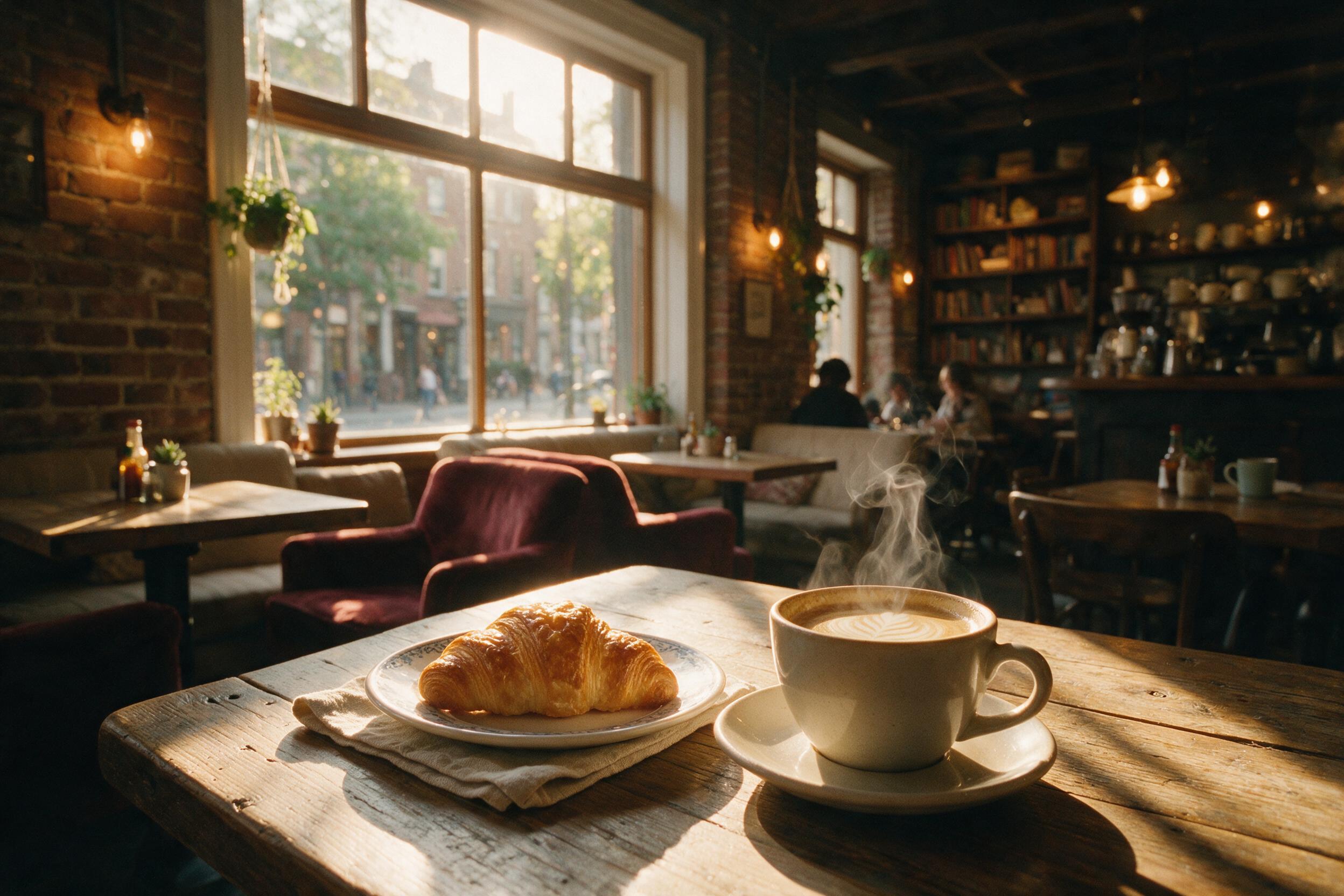 A cozy, dimly lit café interior in the late afternoon, warm golden sunlight streaming through a large window, casting long shadows across a wooden table. A half-empty coffee cup and a croissant on a ceramic plate, steam rising softly. Slight camera shake, natural grain, moody atmosphere, candid stre