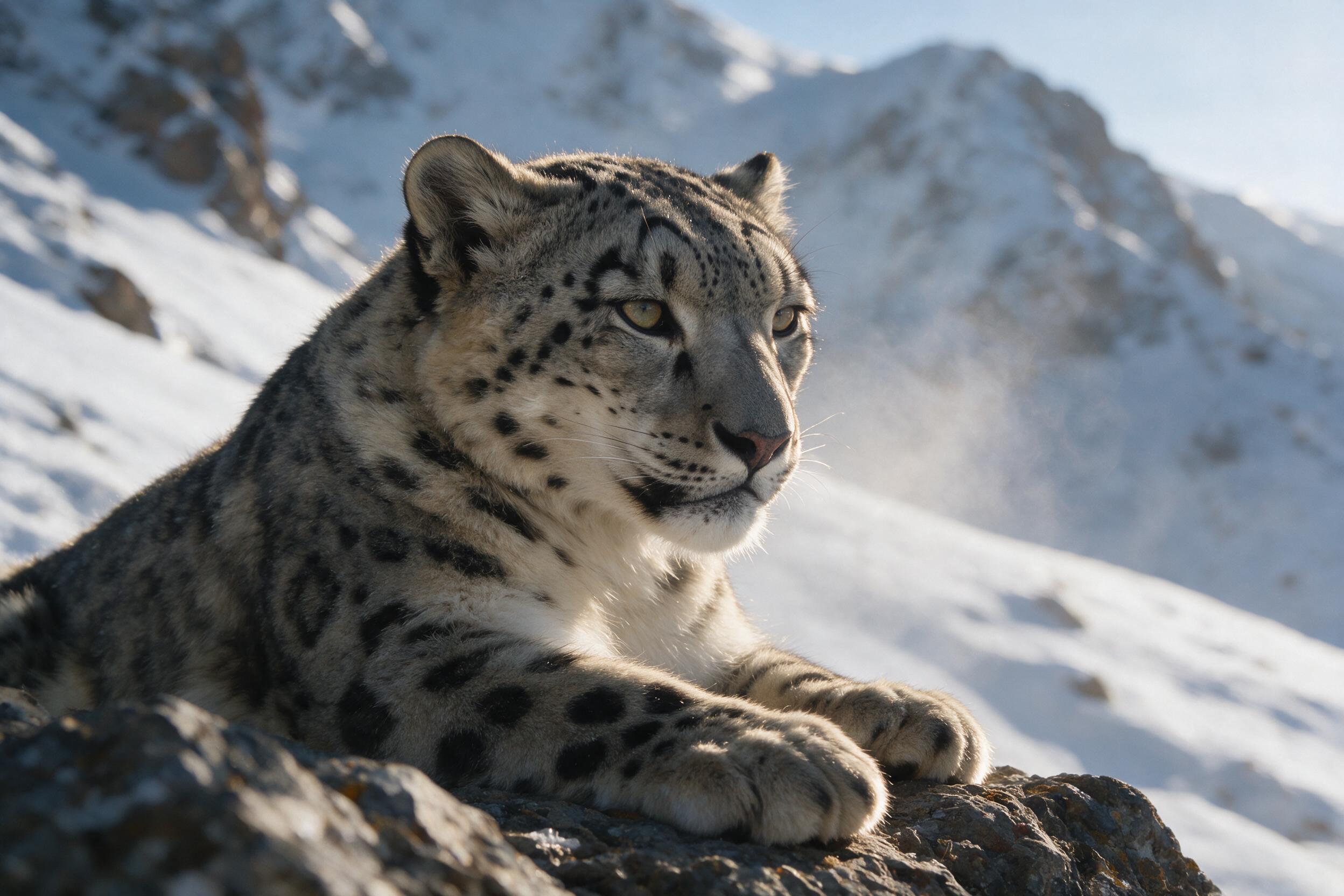 A close-up of a majestic snow leopard resting on a rocky outcrop, its fur blending with the snowy mountain background. Soft morning light casts long shadows, with a slight haze in the air. 35mm lens, shallow depth of field, natural composition.