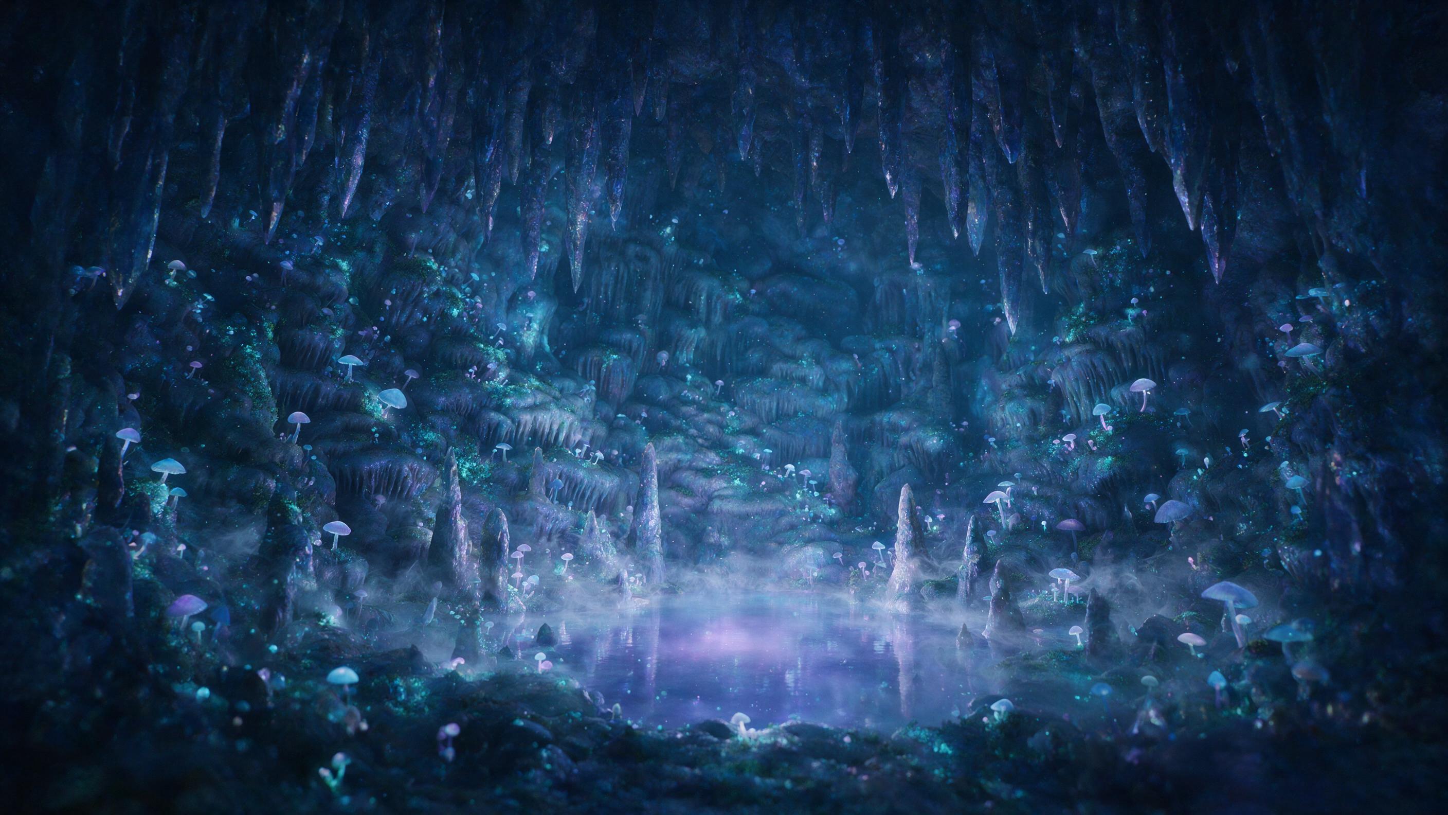 A luminous crystal cave deep underground, bioluminescent moss and fungi casting soft blue and purple light on stalactites, a small pool of glowing water reflects the cavern ceiling, mist swirls, ethereal atmosphere, cinematic composition