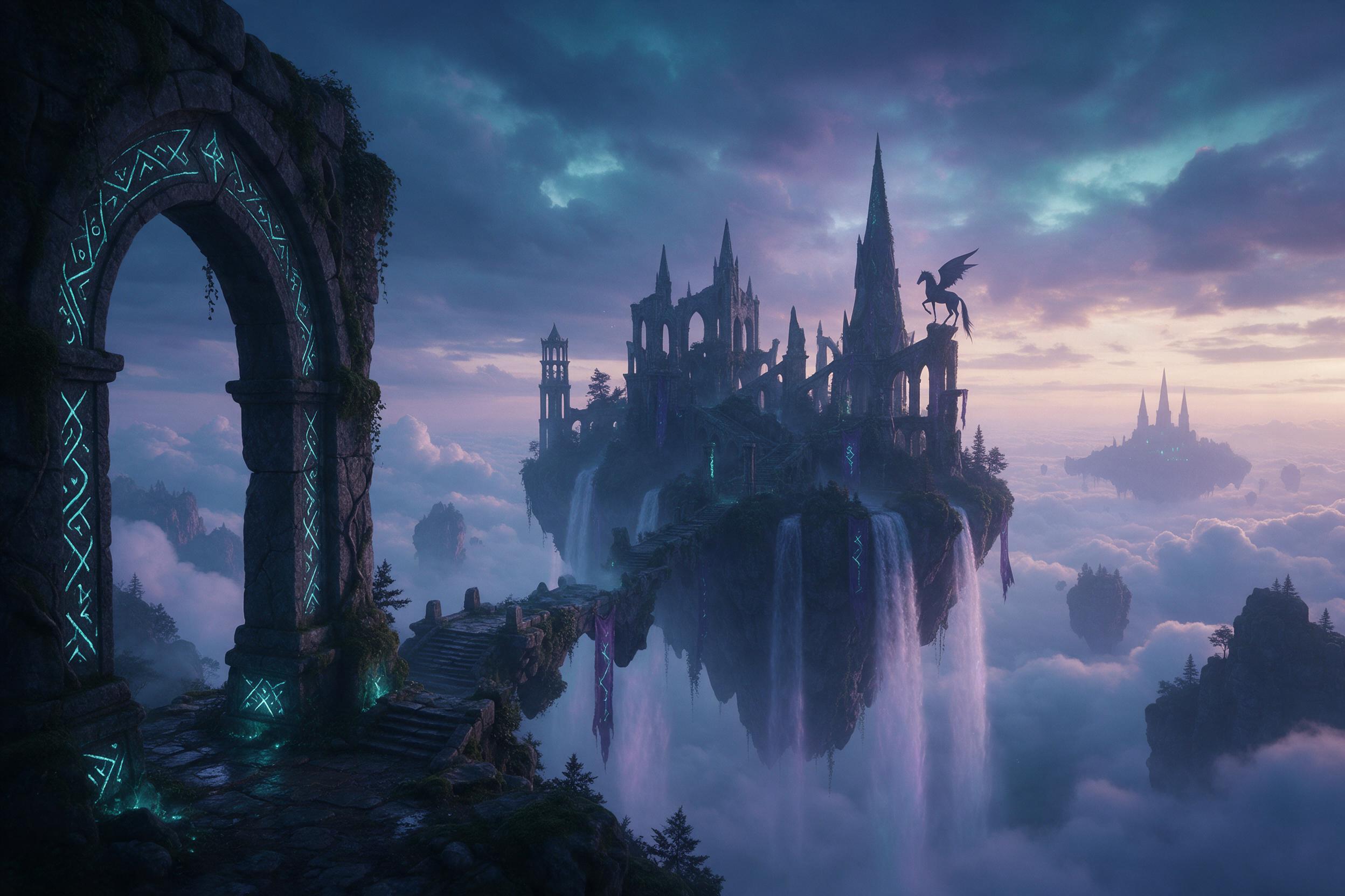 A misty floating island at twilight, ancient glowing runes carved on stone arches, waterfalls cascading into clouds below, soft violet and teal light, silhouette of a winged horse perched atop a spire, ethereal atmosphere, cinematic composition, gentle haze