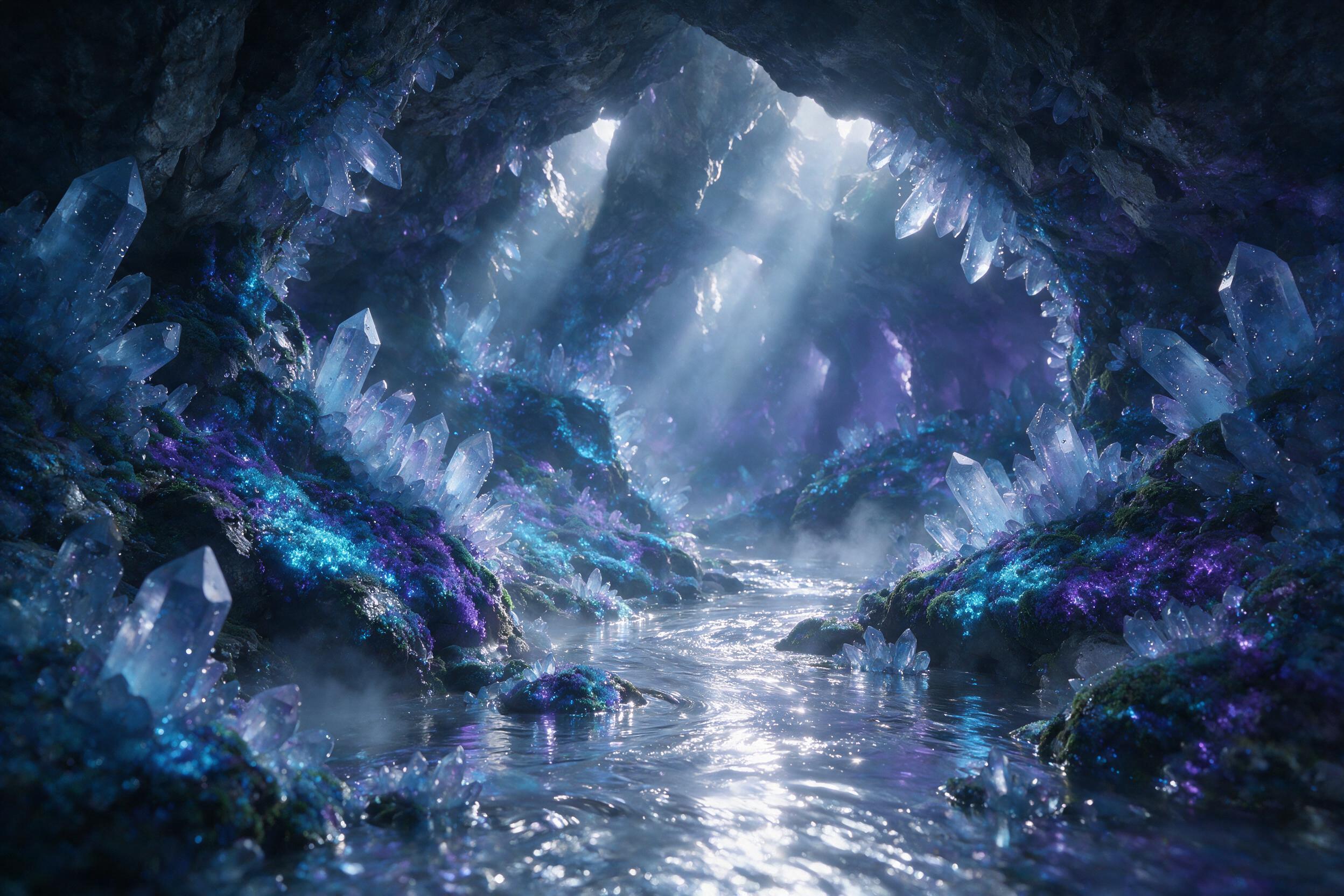 A luminous crystal cave deep underground, glowing blue and purple bioluminescent moss covers the walls, a small stream of liquid silver flows through the center, soft mist rising, ethereal light rays pierce through cracks in the ceiling, water droplets on crystals catch the light