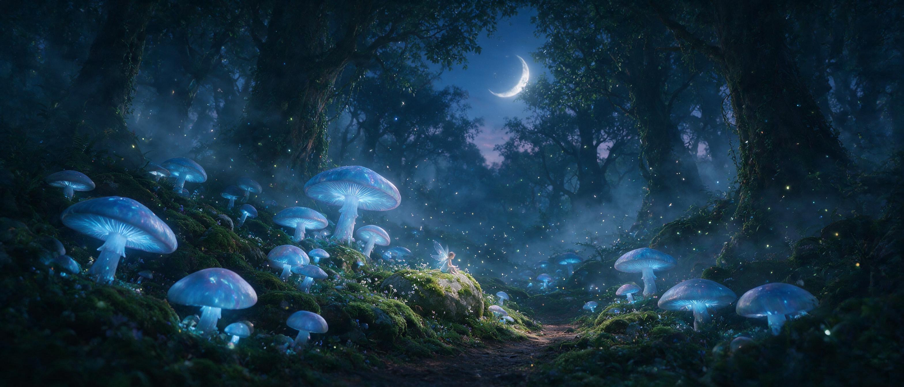 A hidden forest glade at twilight, where giant glowing mushrooms emit soft blue light, casting long shadows. A small, translucent fairy with shimmering wings sits on a mossy stone, watching fireflies dance. Mist weaves between ancient trees, and a silver crescent moon peeks through the canopy. Cinem