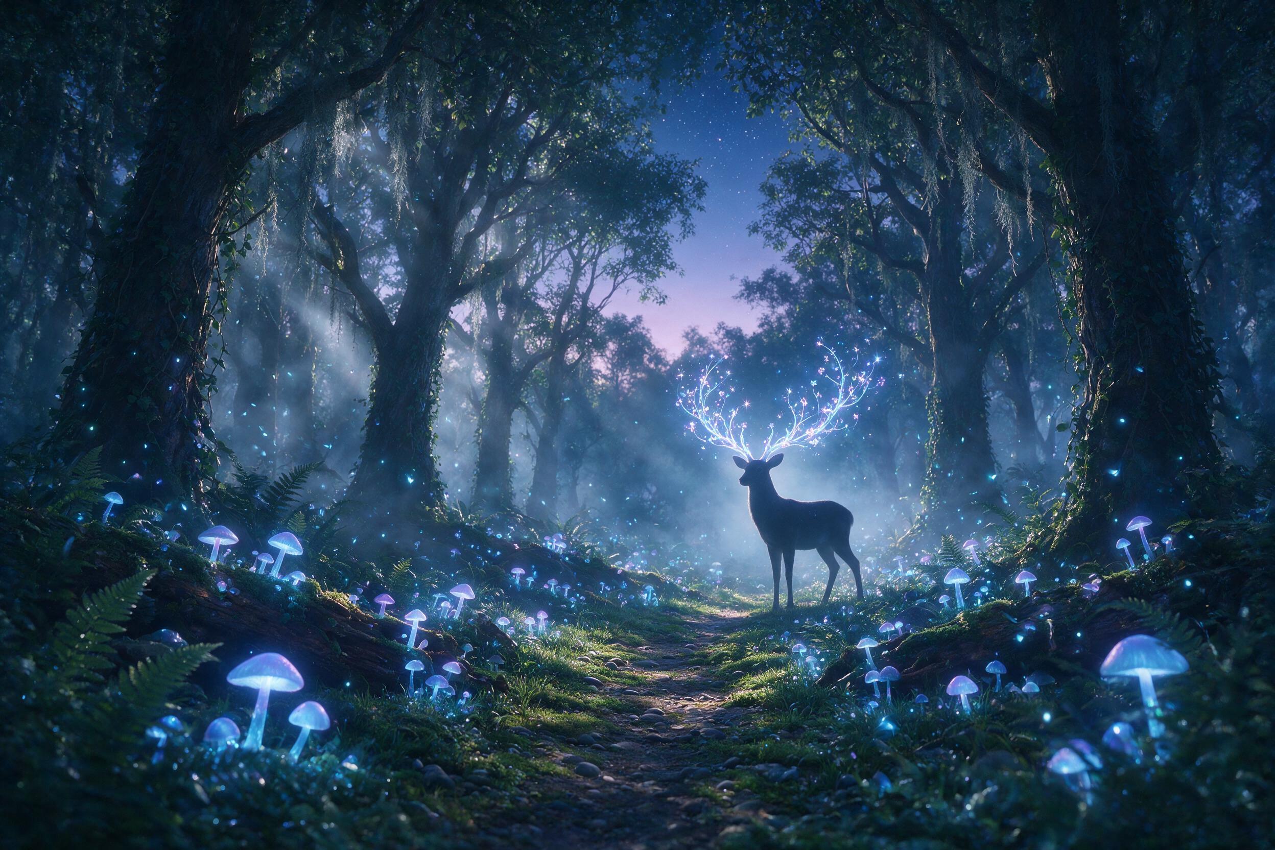 A luminous forest at twilight, glowing mushrooms line a winding path, soft mist swirls between ancient trees, a silhouette of a deer with antlers made of light, gentle fireflies, cool blue and purple tones, shallow depth of field, natural light filtering through canopy