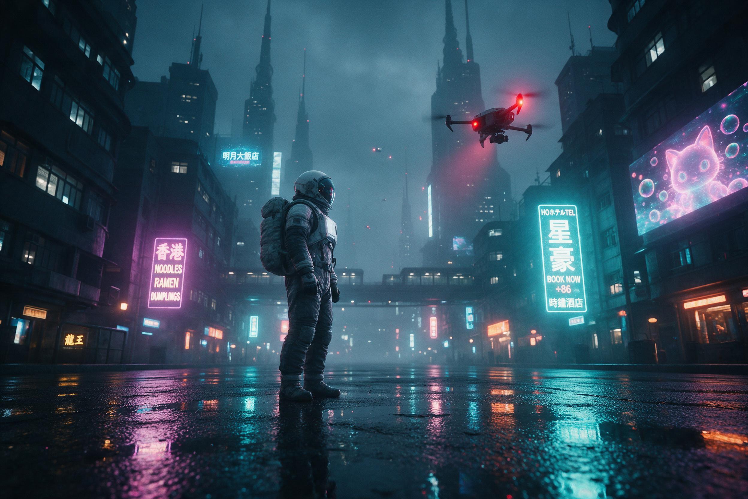 A lone astronaut stands on a rain-soaked neon-lit street on a distant colony planet, reflections of cyan and magenta holographic signs on wet asphalt, thick fog wraps around towering metal spires, a small drone hovers nearby with blinking red lights, cinematic composition from a low angle, moody atm