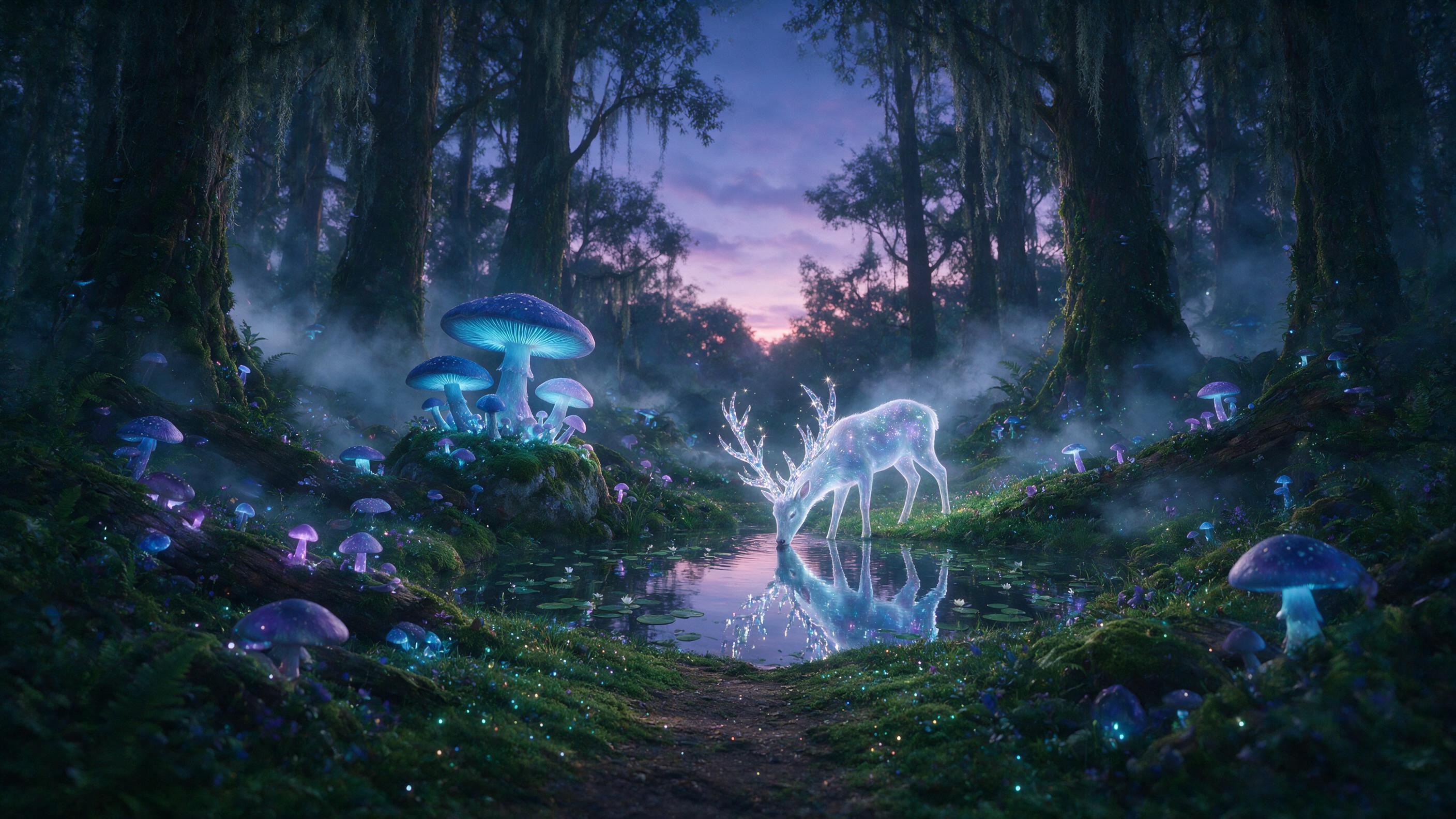 A luminous, ancient forest glade at twilight, where colossal, glowing mushrooms emit soft blue and violet light, illuminating a winding, mossy path. A translucent, ethereal deer with antlers of crystal drinks from a still, reflective pool. Mist swirls low to the ground, catching the bioluminescence.