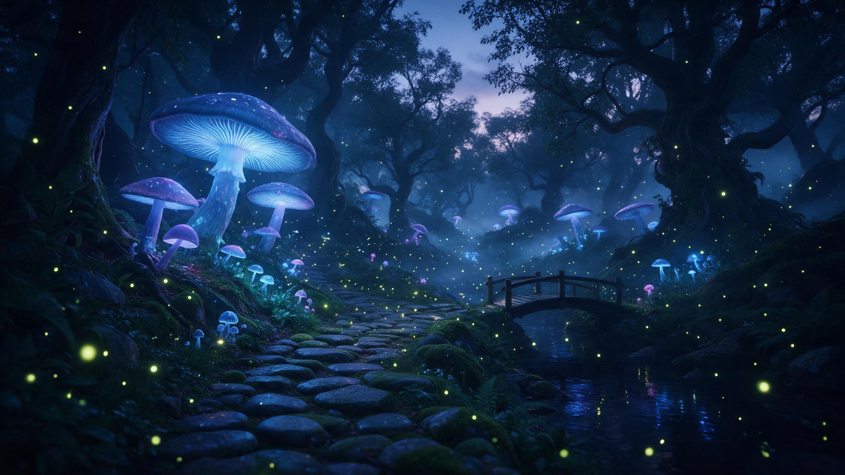 A bioluminescent forest at twilight, giant glowing mushrooms with blue and purple light illuminating a winding path of moss-covered stones, fireflies drifting like living stars, a small wooden bridge over a dark reflective stream, mist weaving through ancient twisted trees, cool color palette with w