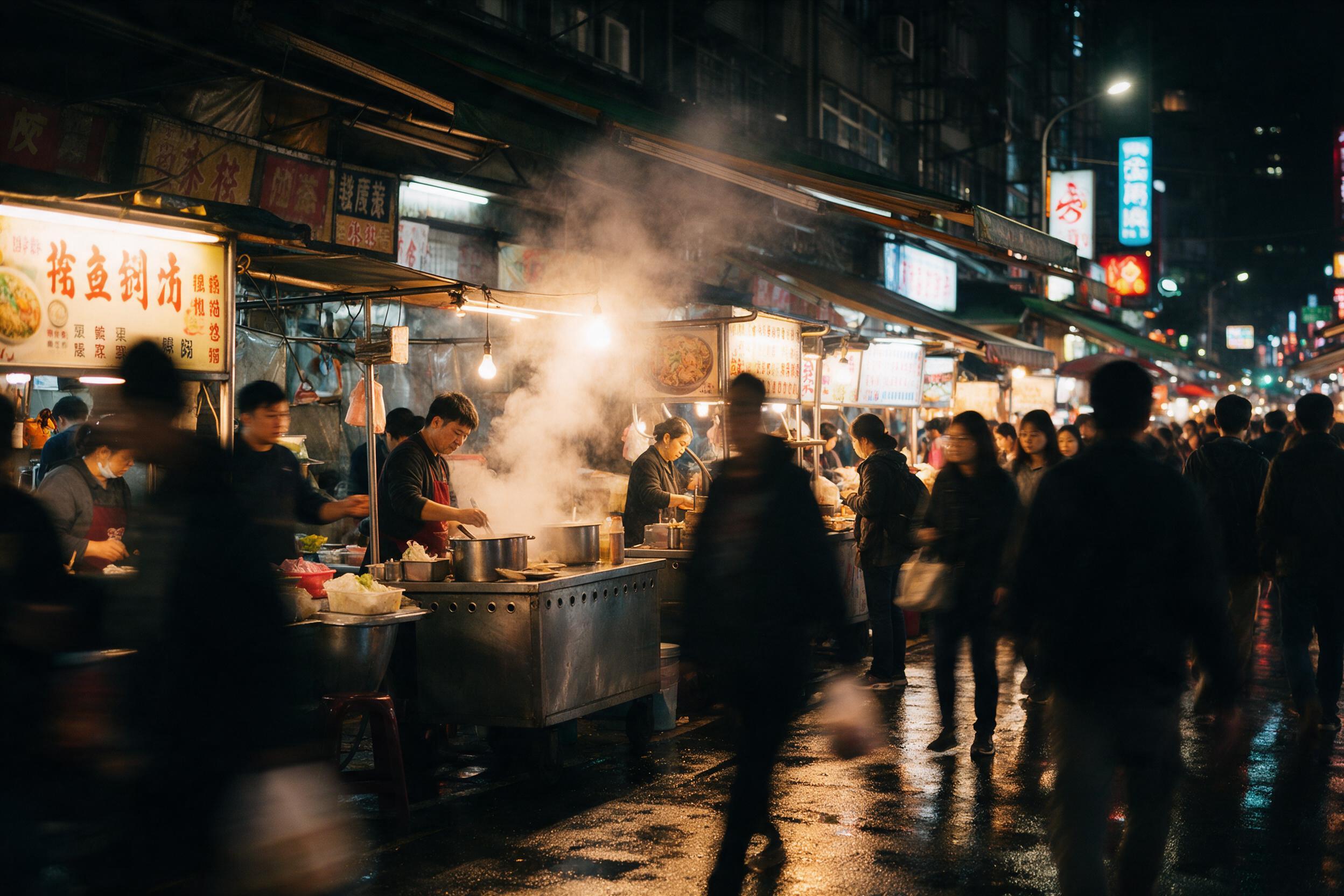 A bustling night market in Taipei, steam rising from food stalls, neon signs reflecting on wet pavement, crowd silhouettes, candid street photography, warm tungsten lighting with cool shadows, shallow depth of field, subtle motion blur