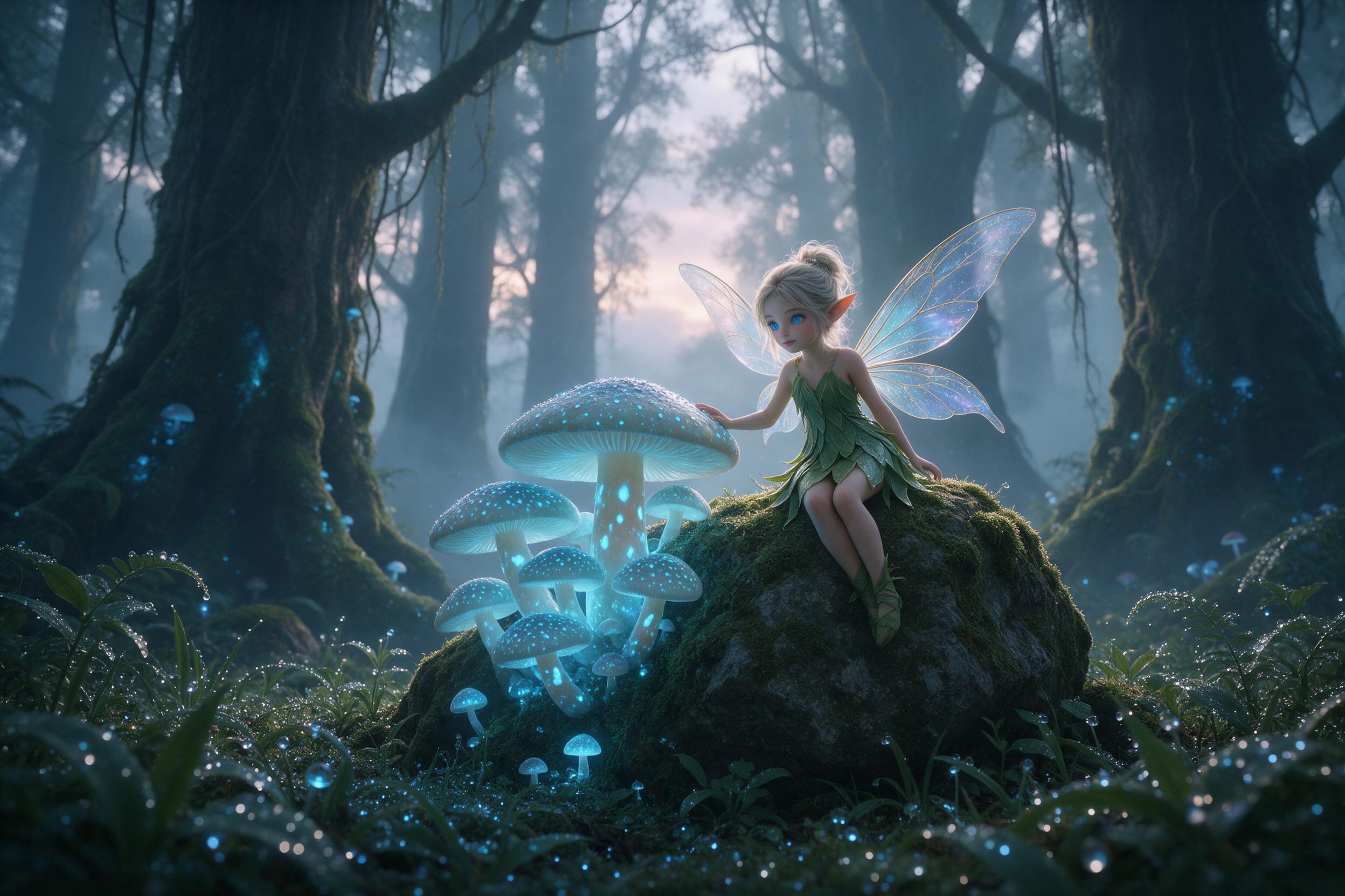 A misty ancient forest at dawn, giant glowing mushrooms casting blue light, a small fairy with translucent wings perched on a mossy stone, dewdrops sparkling, soft volumetric rays through towering trees, magical atmosphere, subtle depth of field