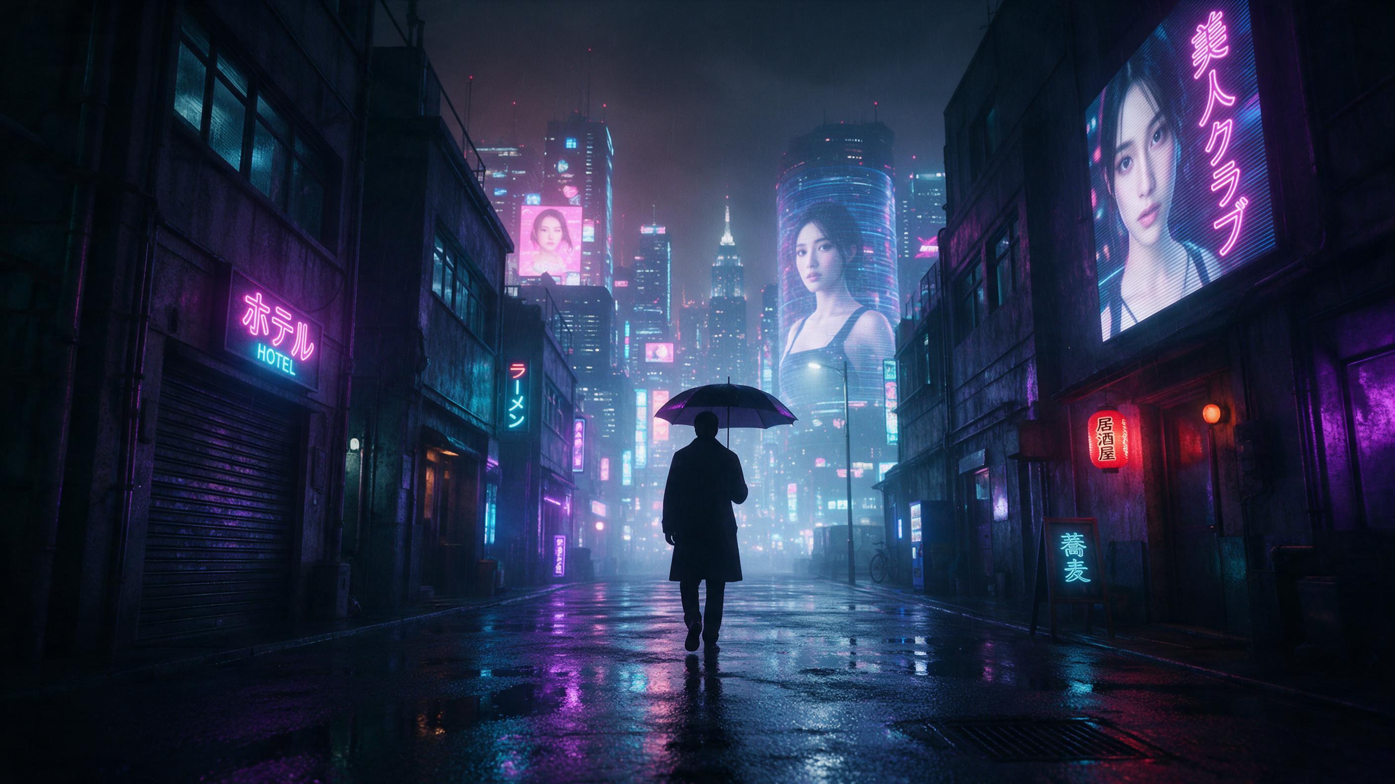 Neon-lit rain-soaked alley in a cyberpunk city, holographic advertisements flicker on towering buildings, reflections of cyan and magenta lights on wet asphalt, a lone silhouette with an umbrella walking away, atmospheric fog, cinematic wide shot, slightly blurred motion in background