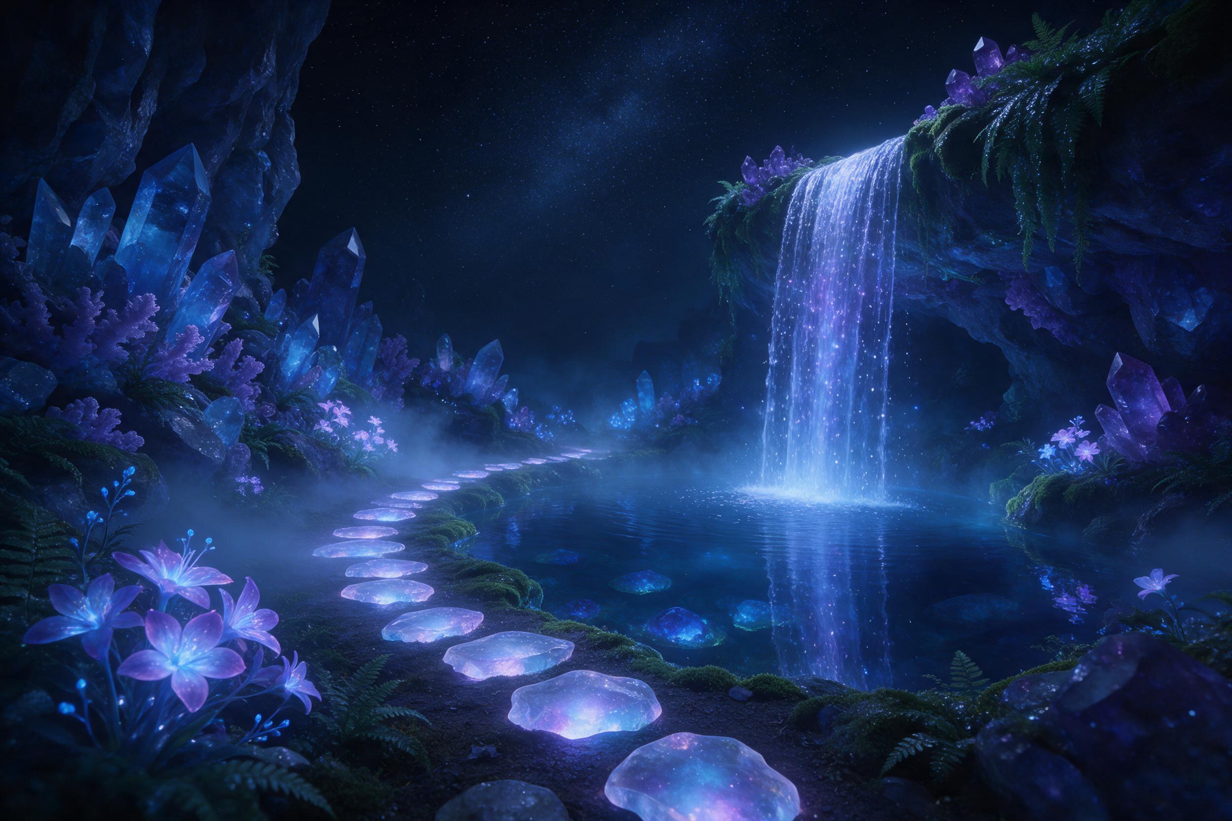 A luminous crystal cave beneath an endless night sky, bioluminescent flowers glowing in soft blues and purples, a shimmering waterfall cascading into a mirror-like pool, ethereal mist swirling, delicate ferns and moss clinging to crystalline walls, a small path of glowing stones leading to the water