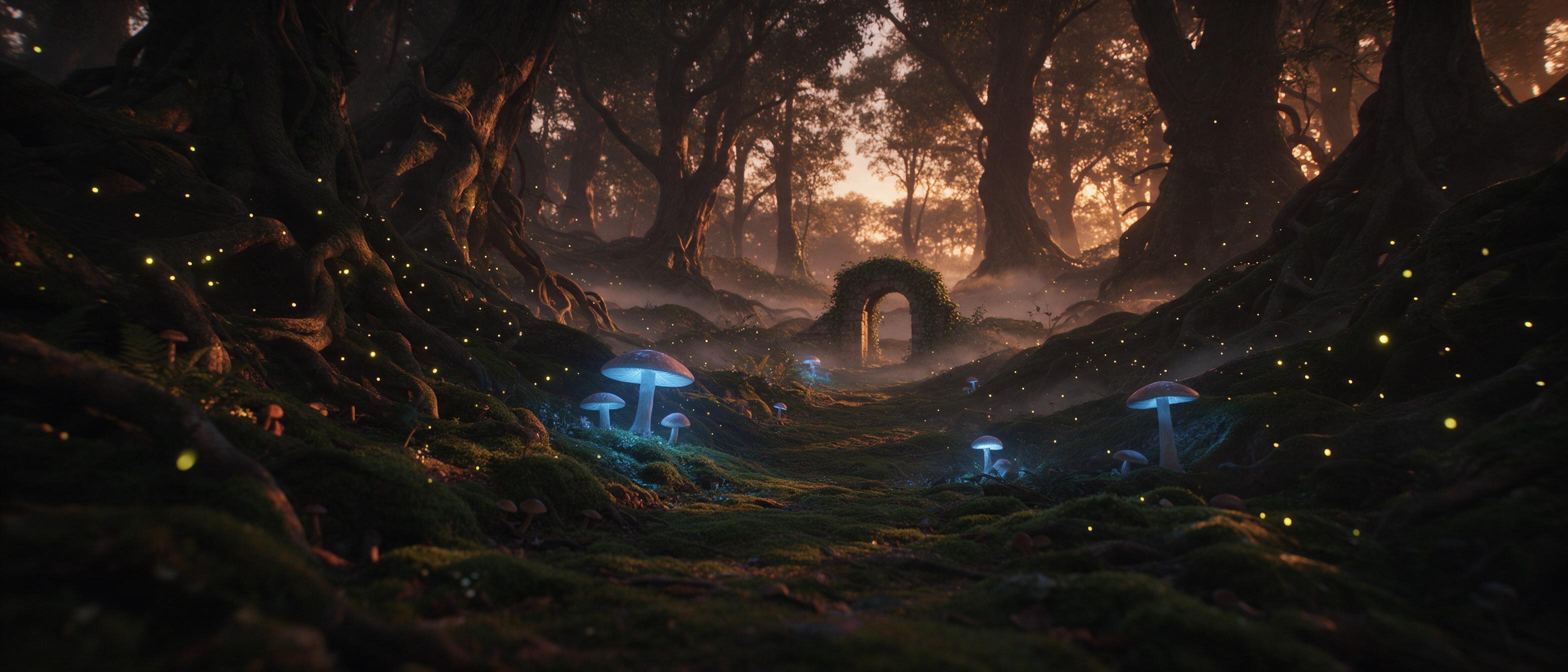 An ancient forest at dusk, giant glowing mushrooms casting soft blue light on a mossy path, fireflies weaving between gnarled roots, a small stone archway covered in ivy in the distance, mist rolling low, warm amber highlights from the setting sun, cinematic composition with a low camera angle, rich
