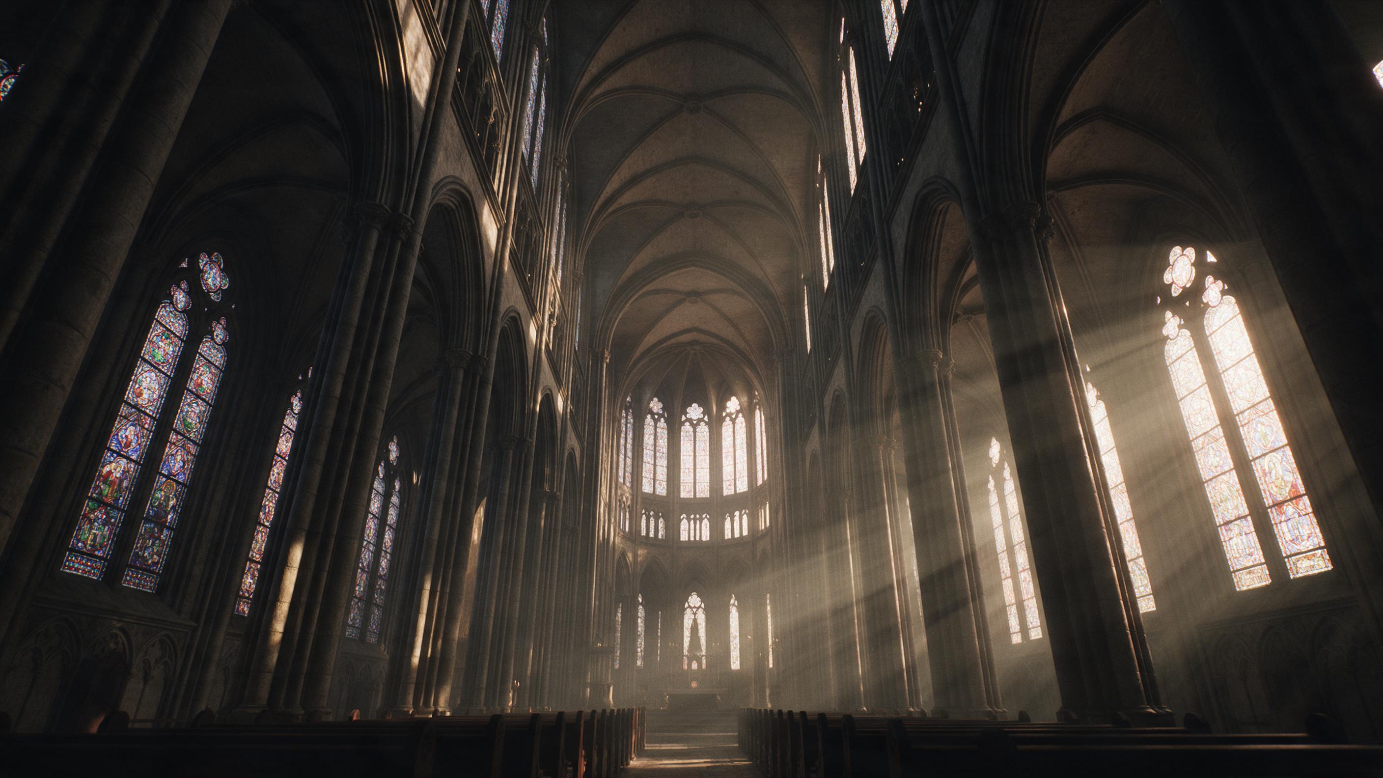 A grand Gothic cathedral interior at dusk, shafts of dusty golden light through tall stained-glass windows, vaulted stone ceiling with ribbed arches, empty nave, echoing silence. Low-angle wide shot, emphasizing verticality and sacred atmosphere, subtle film grain, muted candlelit tones.