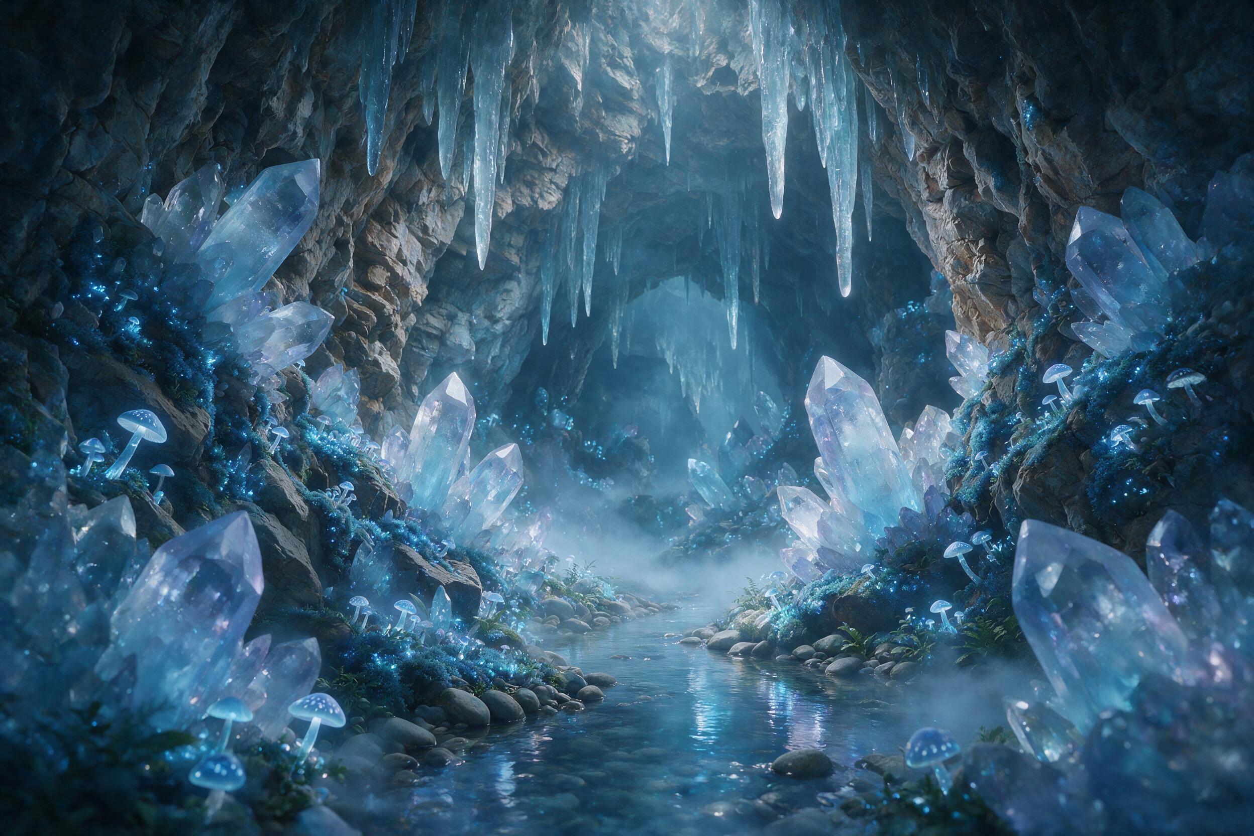 A luminous crystal cave deep underground, bioluminescent moss and glowing blue mushrooms line the walls, a small stream reflects the light, soft fog drifts, ethereal atmosphere, wide angle, dim natural light from above, subtle magical glow, no people, no sharp edges.