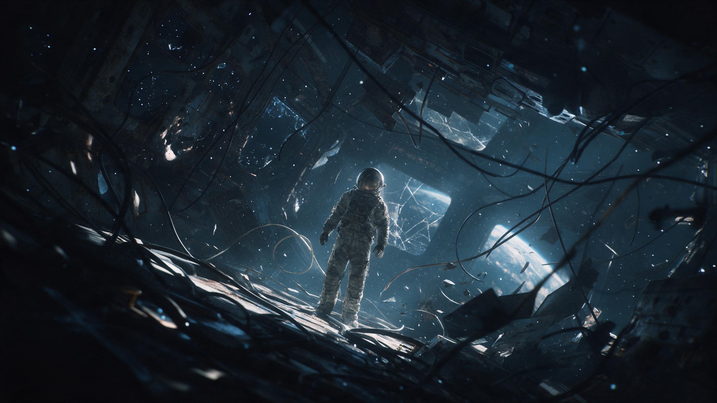 A lone astronaut in a tattered suit stands in a derelict space station, its rusted hull pierced by faint starlight. Floating dust particles catch a cold blue glow, while distant Earth shimmers through a cracked viewport. Cluttered with drifting cables and broken panels, the scene is shot from a low 