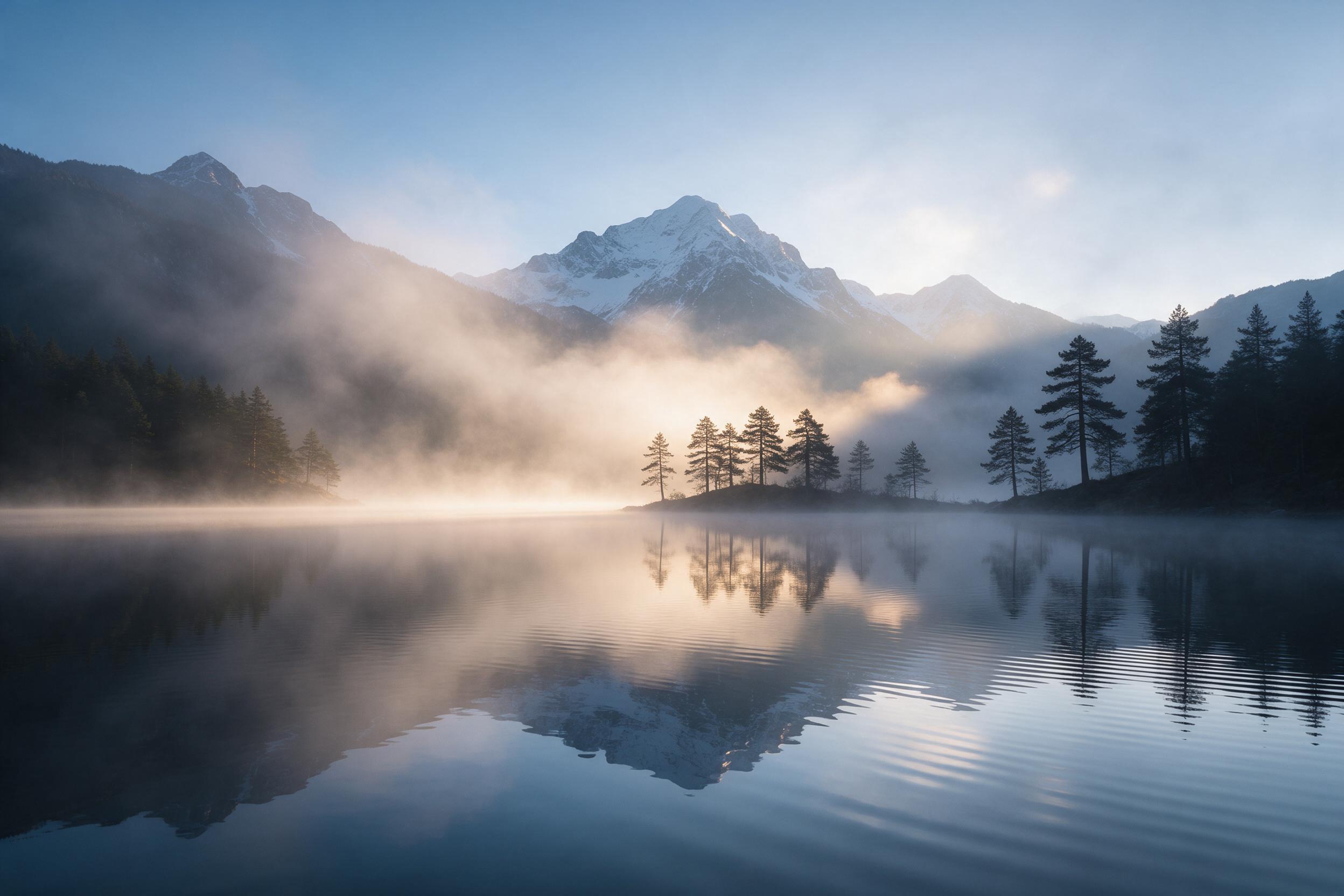 A tranquil mountain lake at dawn, mirror-like water reflecting snow-capped peaks, soft golden light piercing through drifting morning mist, pine trees silhouetted on the shore, gentle ripples creating subtle reflections, cool blue tones mixed with warm sunrise hues, wide-angle composition with layer