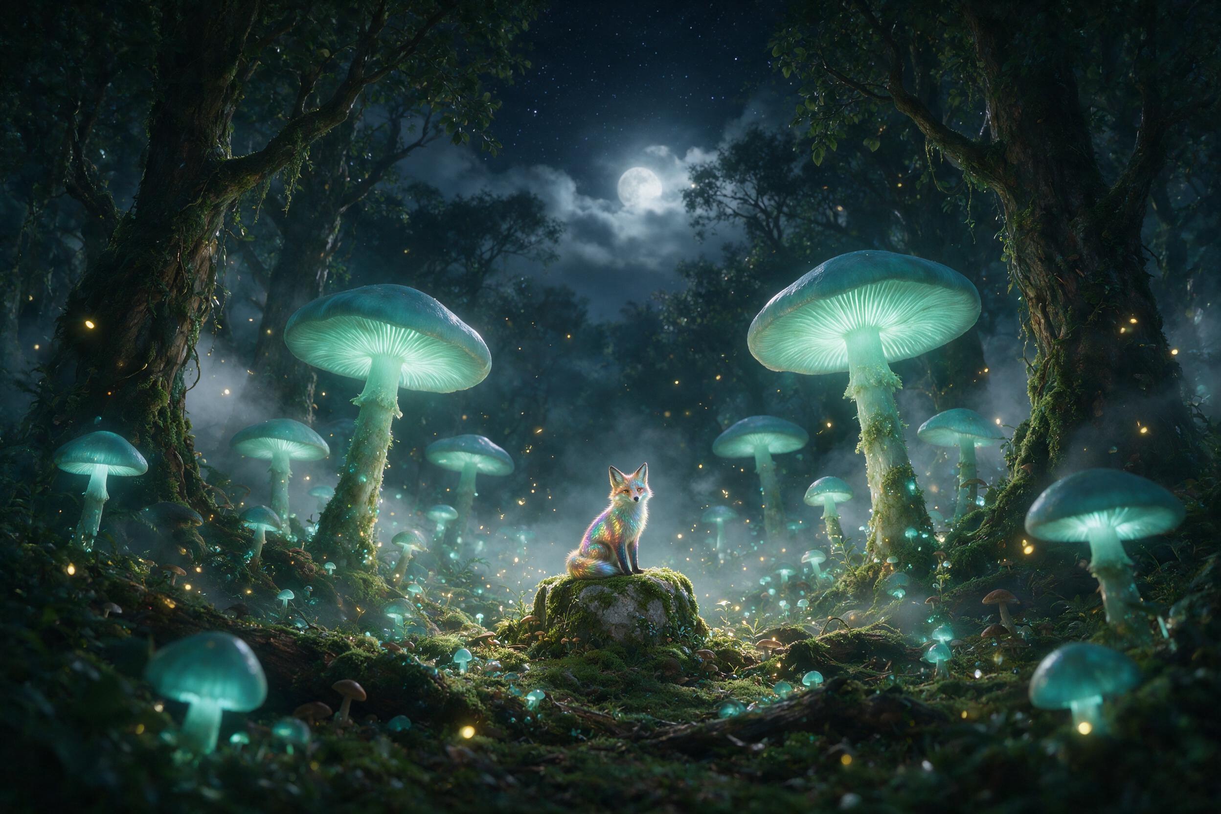 A moonlit forest clearing where giant glowing mushrooms cast soft teal light, a small fox with iridescent fur sits on a mossy stone, fireflies drift like embers, mist weaves between ancient trees, cinematic composition, shallow depth of field, natural glow and shadow contrast