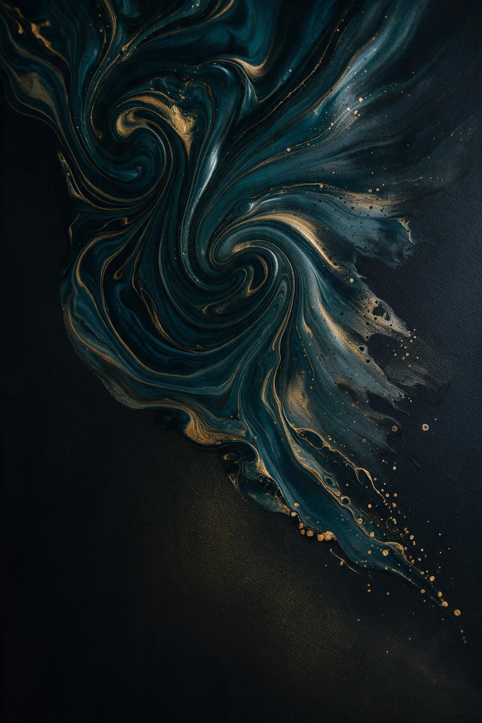 Fluid art on dark canvas, swirling metallic gold and deep teal acrylics, glossy highlights resembling liquid marble, soft reflections, macro view showing intricate blend patterns, moody side lighting, minimalist composition with negative space