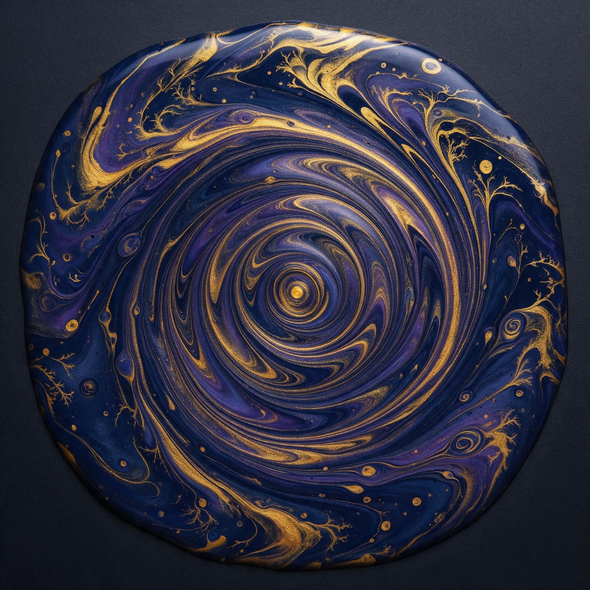 Fluid art with swirling molten gold and deep indigo, dynamic ripples forming spiral patterns, intricate fractal details, macro view of liquid motion, soft studio lighting with reflections, minimalist composition on dark matte background