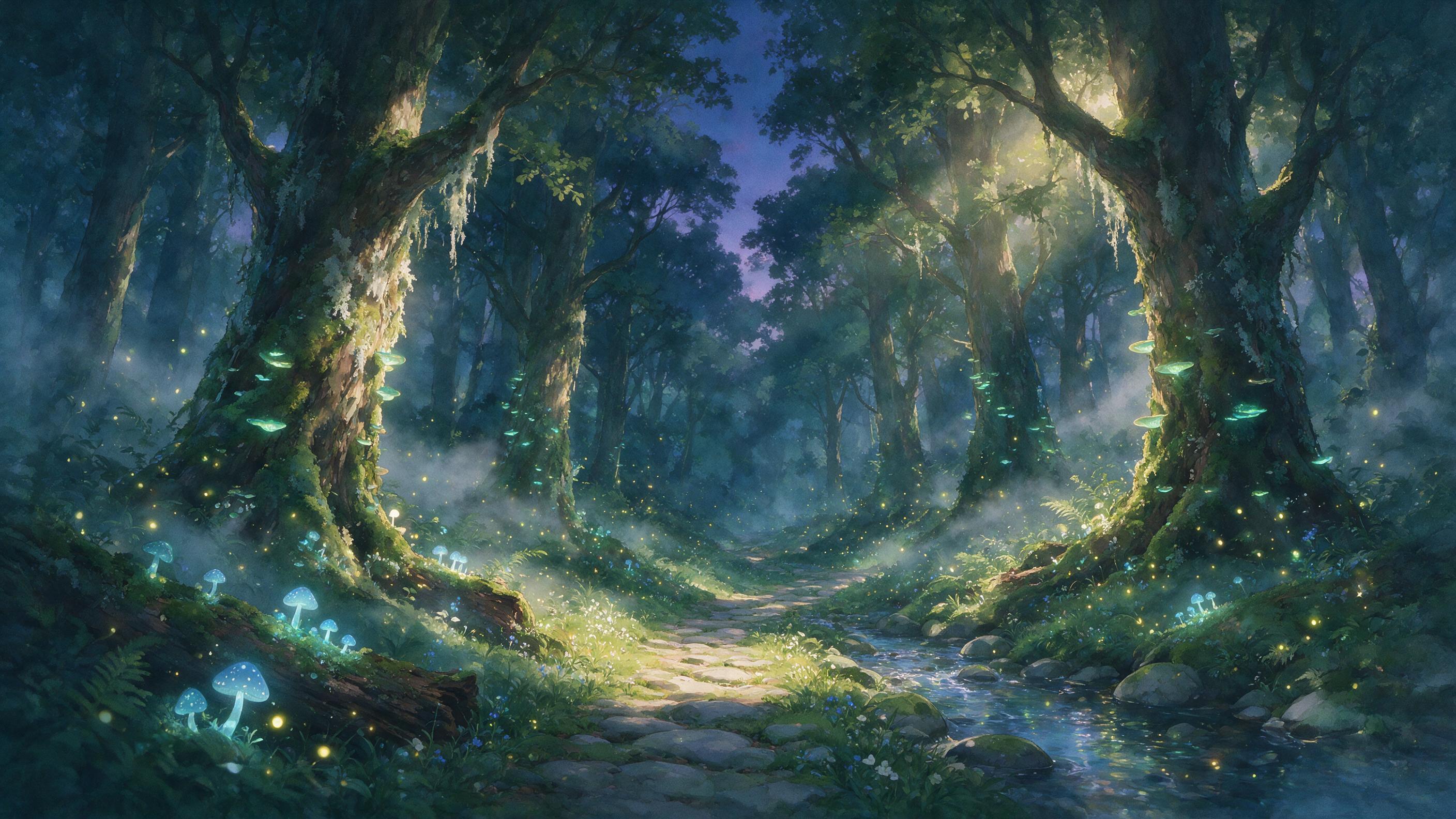 An ethereal glowing forest at twilight with bioluminescent mushrooms and floating fireflies, mist swirling around ancient gnarled trees, soft golden light filtering through dense canopy, a winding path of mossy stones leading into the deep woods, dreamy atmosphere with slight motion blur, watercolor