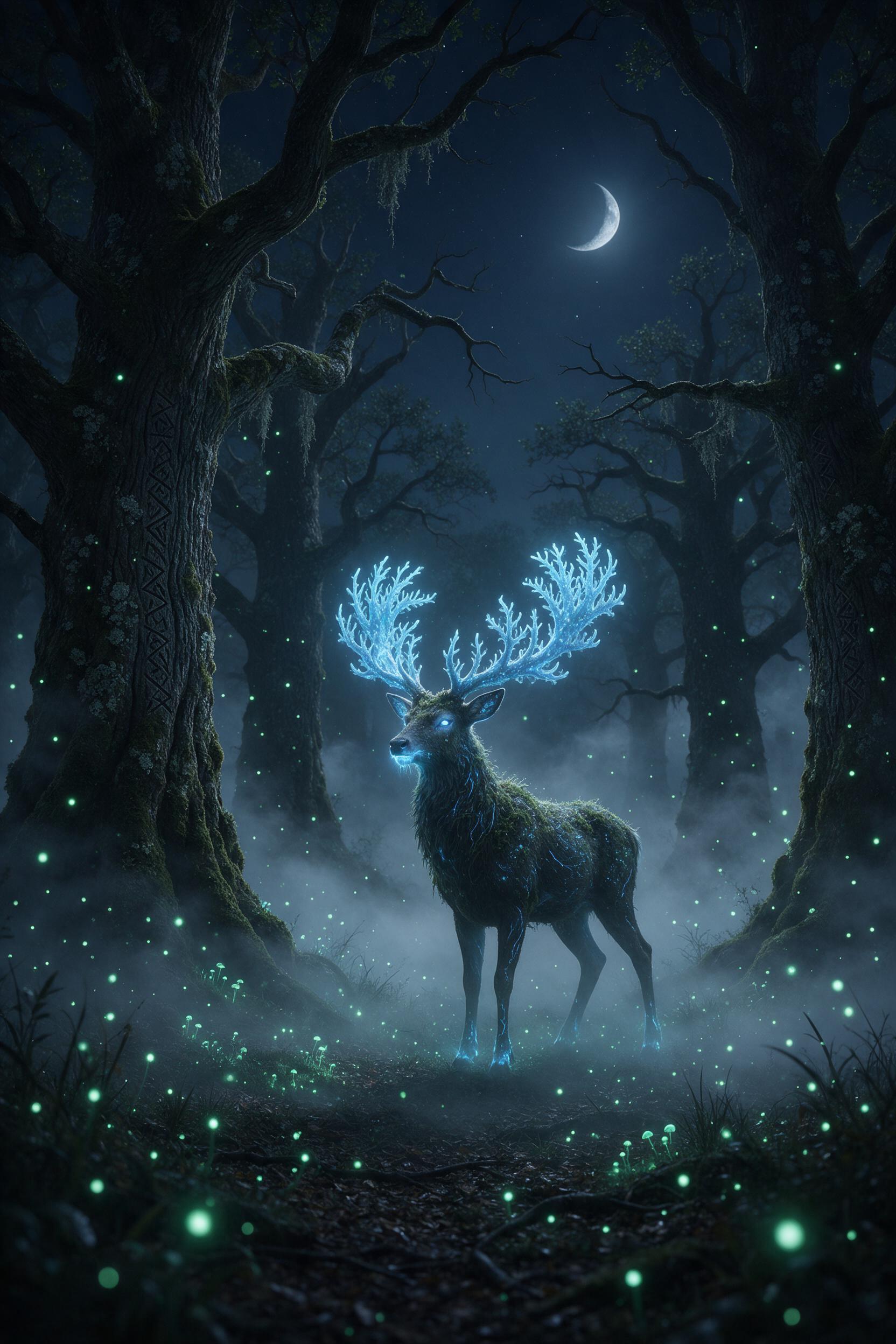 A moonlit forest clearing with a bioluminescent stag, antlers glowing like pale blue coral, surrounded by floating spores that shimmer with soft green light. Silver mist swirls around ancient mossy oaks, their bark etched with runic symbols. The composition centers the stag, lit by a thin crescent m