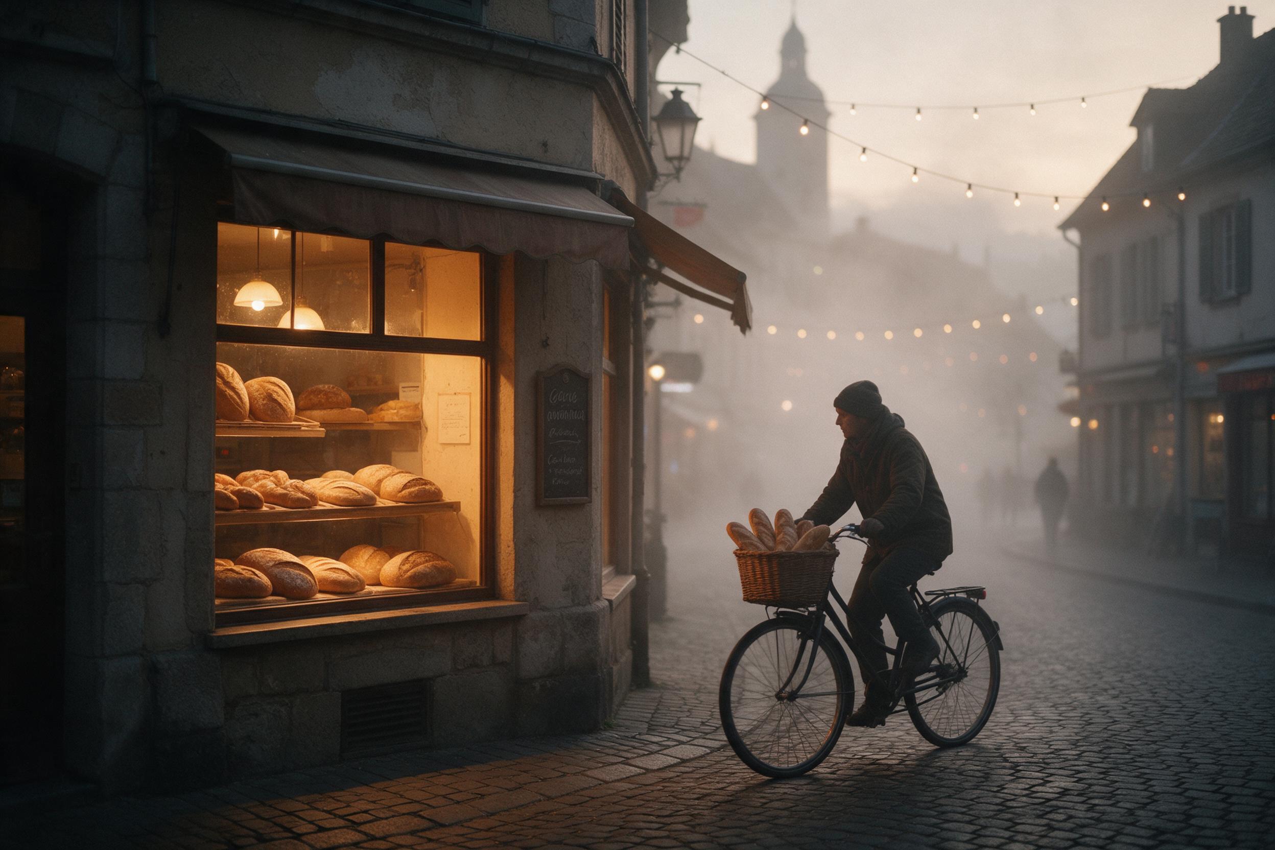 A misty dawn over a quiet cobblestone street in a sleepy European town, warm amber light spilling from a corner bakery's window, a lone bicyclist with a basket of fresh bread pedaling through gentle fog, soft bokeh from hanging string lights, natural muted colors, slight film grain.