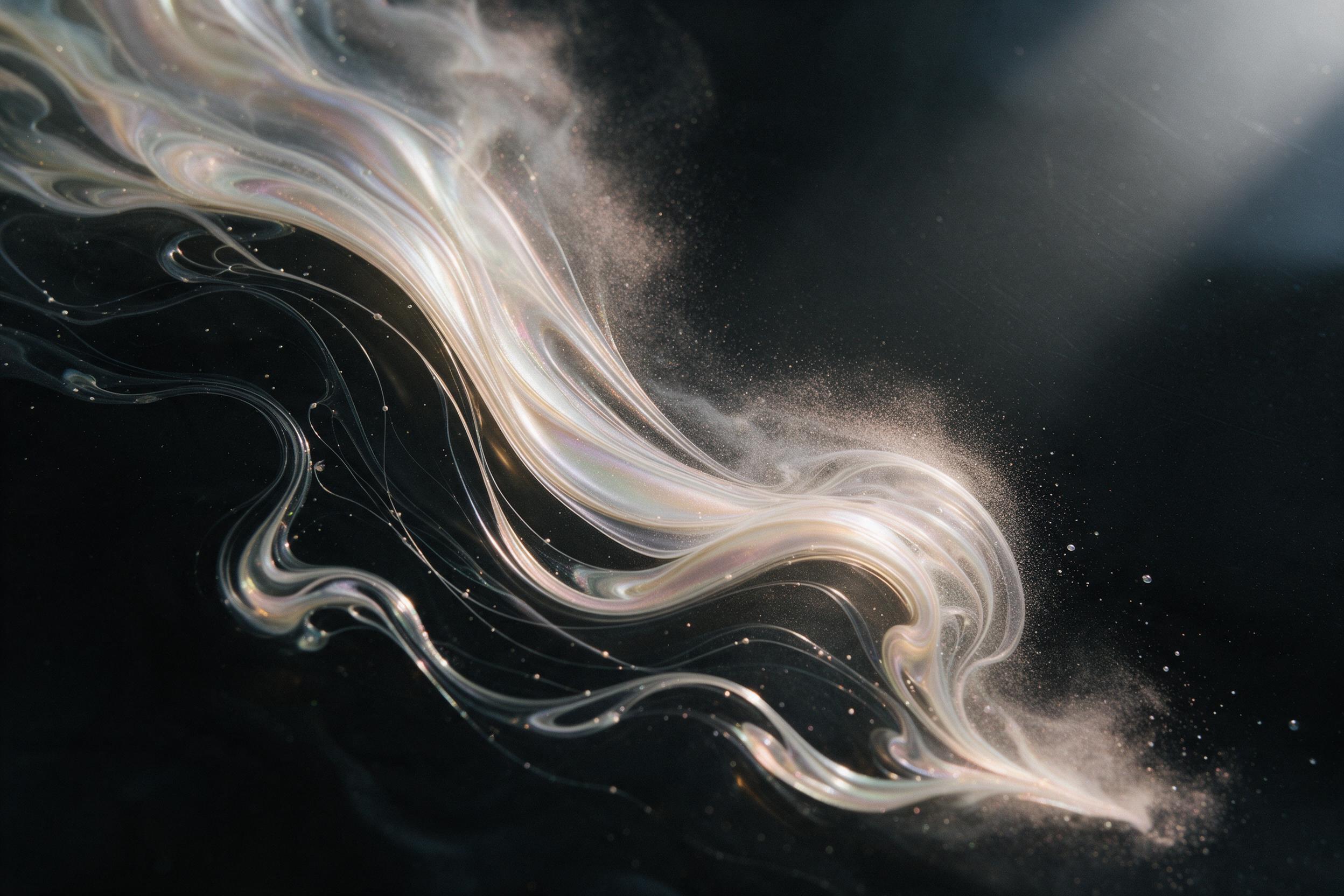 A fluid art piece with swirling ribbons of iridescent oil and water on black glass, each curve catching soft window light, edges dissolving into fine mist, minimalist composition with negative space, macro view of liquid movement, subtle grain for organic texture.