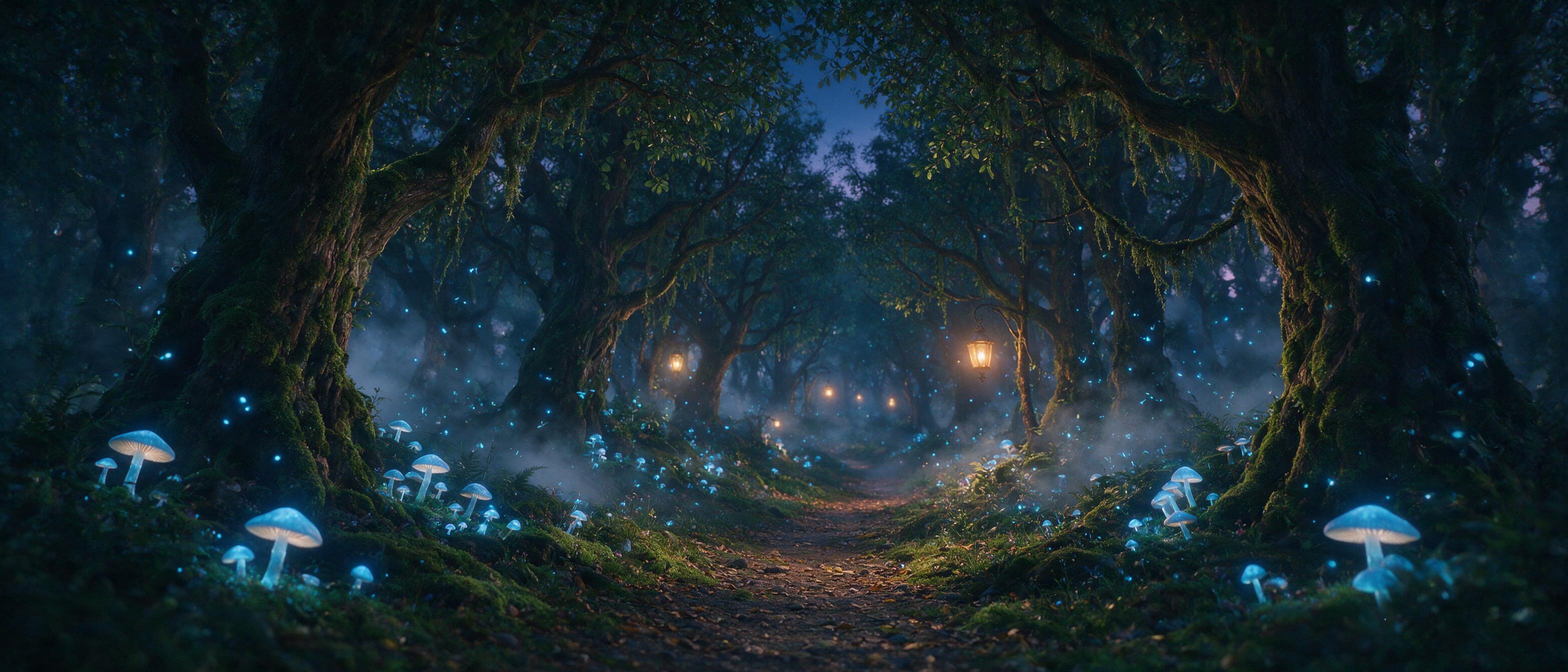 A luminous forest at twilight, glowing mushrooms and fireflies casting soft blue light, a winding path through ancient gnarled trees, mist weaving between trunks, ethereal atmosphere, depth of field, cinematic composition, slight grain, warm amber tones from distant lanterns