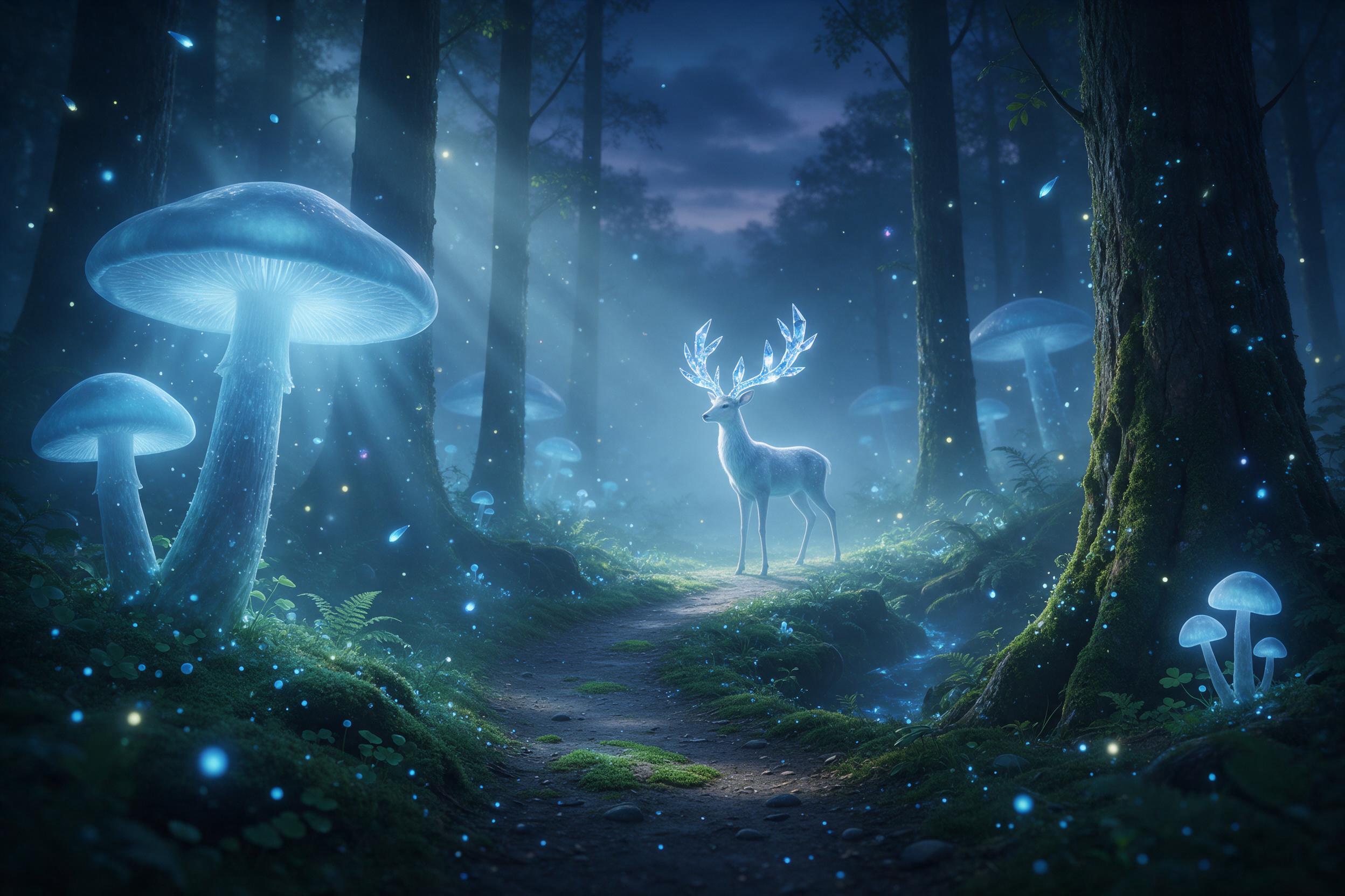 A misty bioluminescent forest at twilight, giant glowing mushrooms casting soft blue light, ethereal deer with antlers made of crystal, floating spores and fireflies, winding mossy path leading into fog, cinematic composition, volumetric light, faint magical particles