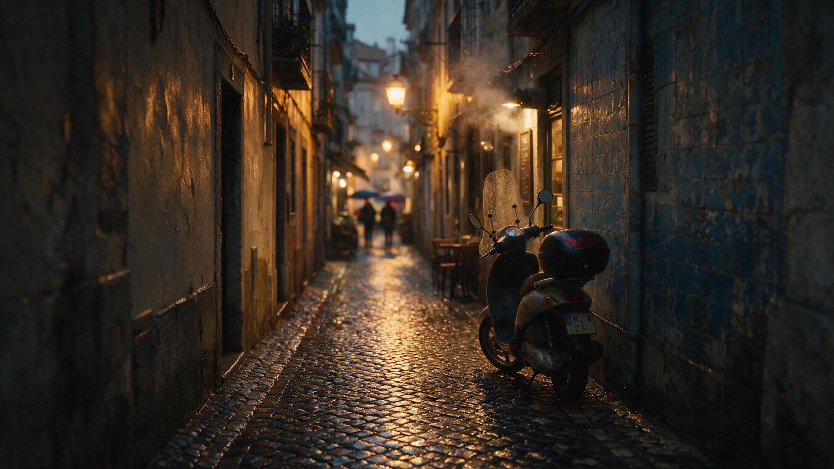 A narrow old alley in Lisbon at dusk, wet cobblestones reflecting warm yellow streetlights, a scooter leaning against a faded blue-tiled wall, subtle steam rising from a nearby café vent, gentle rain in the air, people with umbrellas blurred in the background, cinematic composition with leading line