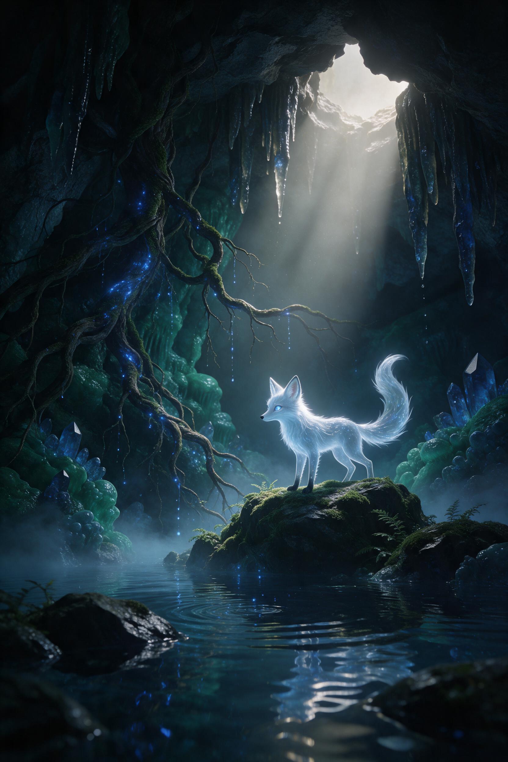 A hidden crystal cavern beneath an ancient forest, glowing bioluminescent roots drip with faint blue light, a lone ethereal fox with translucent silver fur stands on a mossy rock, mist swirls around stalactites, soft volumetric light from a crack above, muted emerald and sapphire tones, water reflec