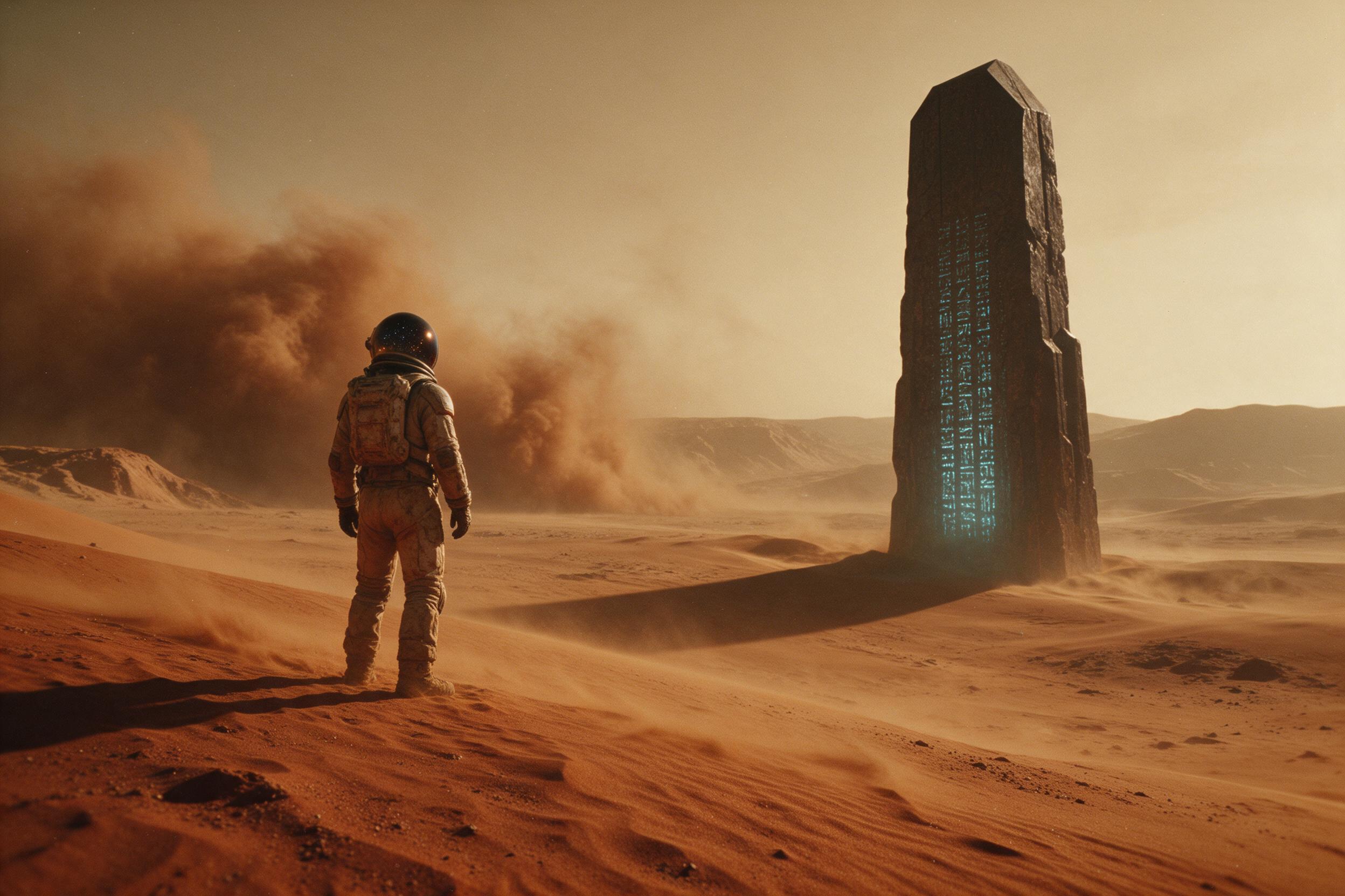 A lone astronaut stands on a rusty, windswept Martian dune, facing a colossal, half-buried alien monolith with glowing cyan glyphs. Dust storm approaching on the horizon, casting long, low shadows. Worn spacesuit reflects amber sunlight, visor showing faint starfield. Shot on 35mm film, slight grain
