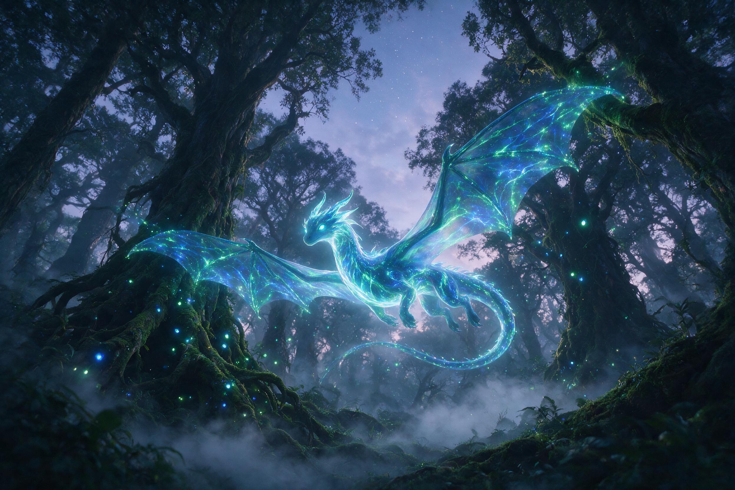 A glowing, translucent dragon made of bioluminescent blue and green energy weaves through a misty, ancient forest at twilight. Tiny floating orbs of light drift around its wings, illuminating moss-covered tree roots. Low angle shot, soft ambient light, dreamy atmosphere, slight grain.