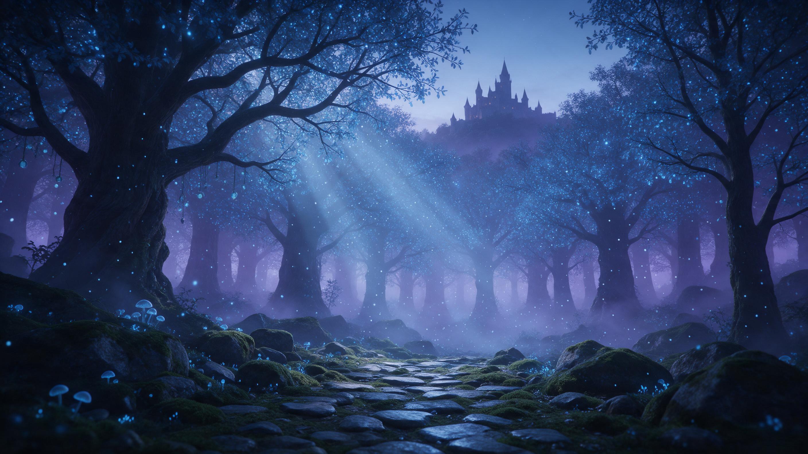 A misty bioluminescent forest at twilight, towering ancient trees with glowing blue leaves, tiny floating spores like stars, a winding path of mossy stones leading to a distant silhouette of a castle, soft purple fog, gentle light rays piercing through canopy, cinematic composition.