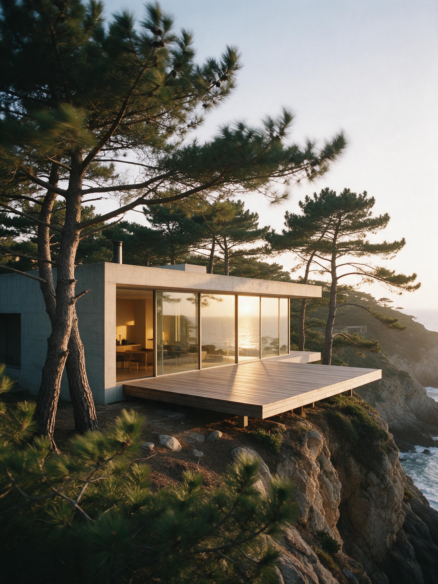 A minimalist concrete house nestled among coastal pine trees, large glass walls reflecting the golden hour light, wooden deck leading to a cliff edge, gentle sea breeze, warm interior glow, soft shadows, vertical composition, architectural photography with sharp focus and natural grain