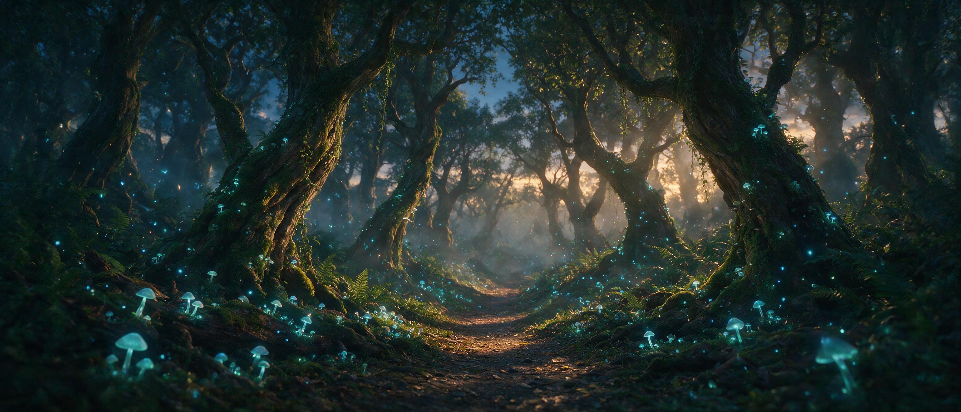 A luminous glowing forest at twilight, bioluminescent mushrooms and floating fireflies casting soft blue light, ancient twisted trees with mossy bark, a narrow winding path leading deeper into the woods, misty atmosphere, golden hour light filtering through leaves, cinematic composition, natural gra