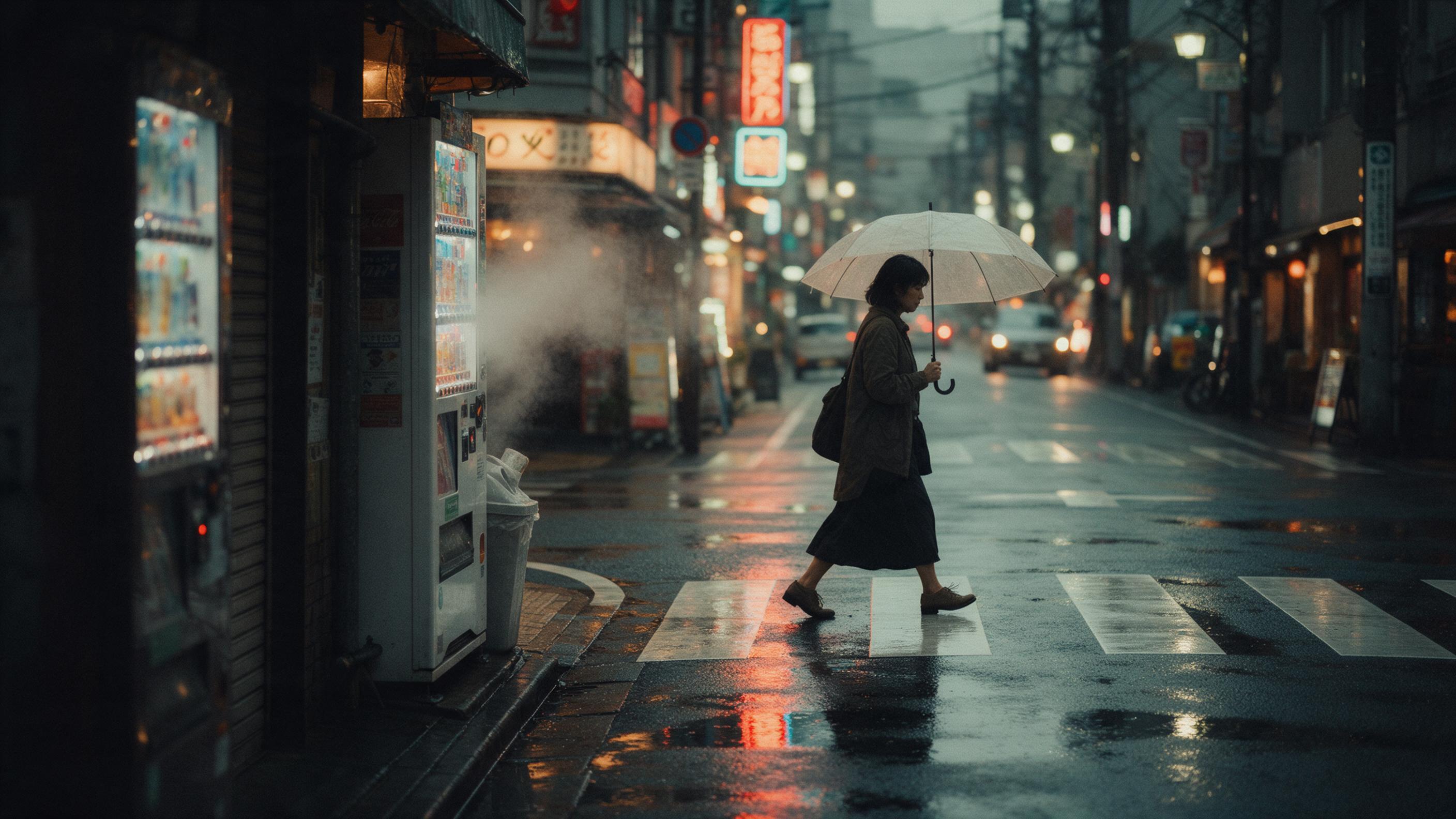 A rain-soaked Tokyo side street at dusk, neon signs reflecting in puddles, a lone woman with a translucent umbrella walking across a crosswalk, steam rising from a vending machine, shallow depth of field, motion blur on distant cars, muted teal and orange color palette, naturalistic composition
