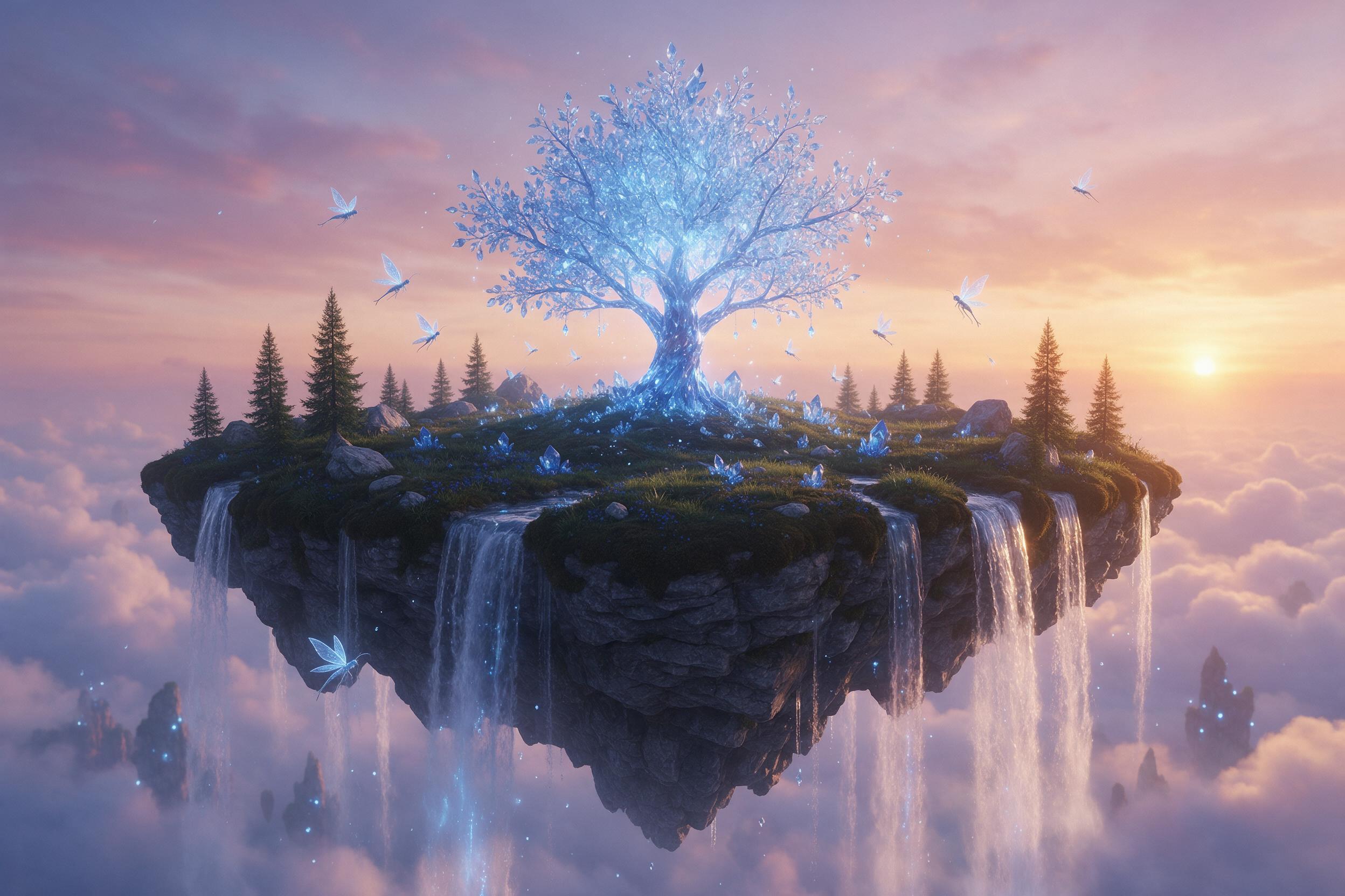A serene floating island with a luminous crystal tree at its center, glowing with soft blue light, surrounded by cascading waterfalls that fall into misty clouds below. The sky is a gradient of pale lavender and golden orange during sunset, with small winged creatures flitting around the tree. The c