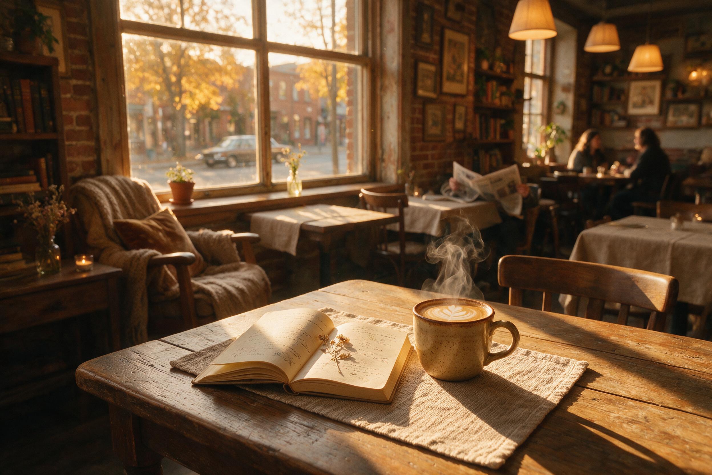 A cozy, softly lit cafe interior at golden hour, warm amber light streaming through a large window, casting long shadows across a wooden table with a steaming cup of coffee and an open book, slight film grain, shallow depth of field, intimate atmosphere, natural lighting.