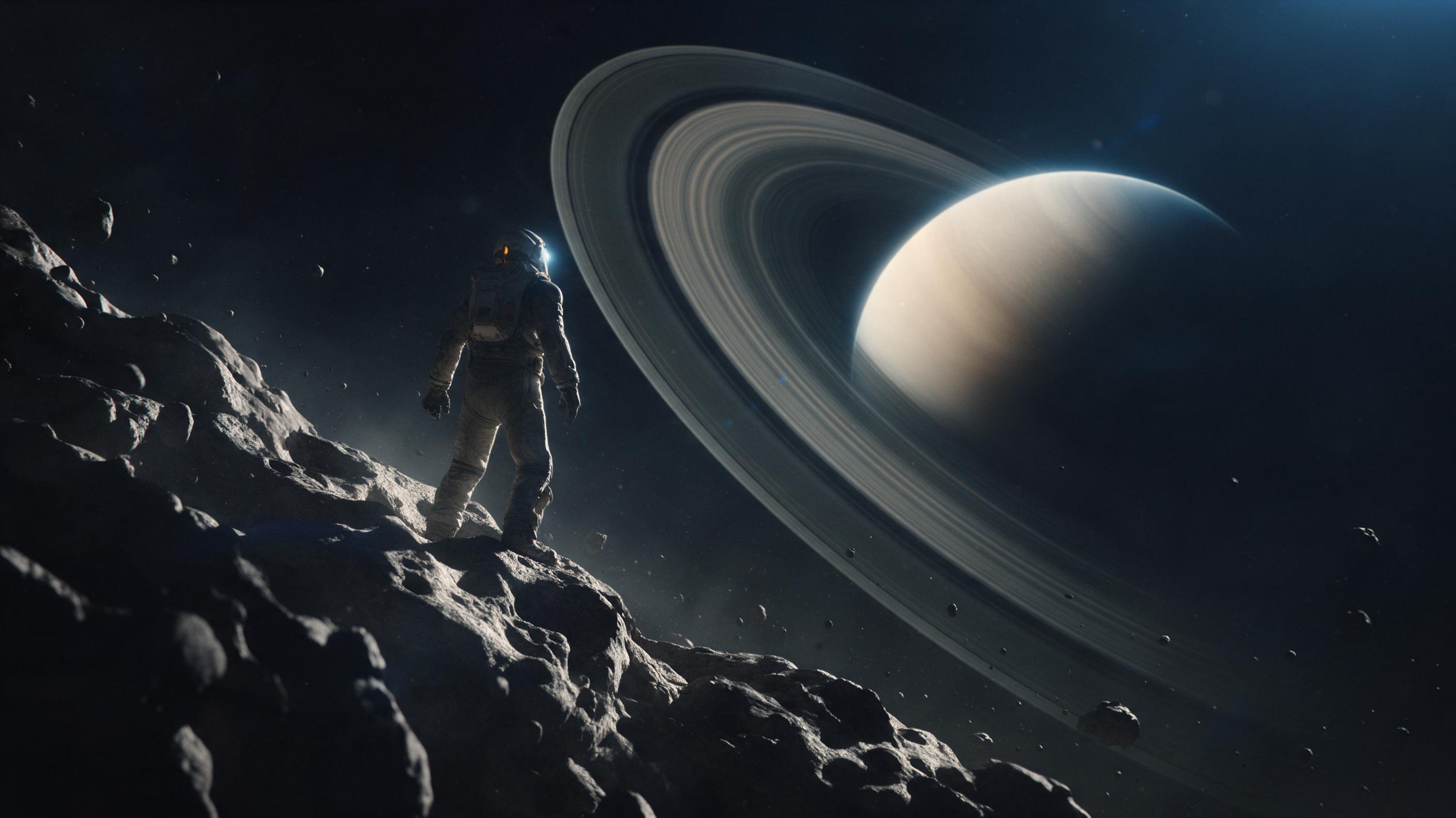 A lone astronaut with a worn spacesuit stands on a jagged asteroid, gazing at a ringed planet filling the dark sky, with soft rim light from a distant blue star, dust motes drifting, and faint lens flare, cinematic composition