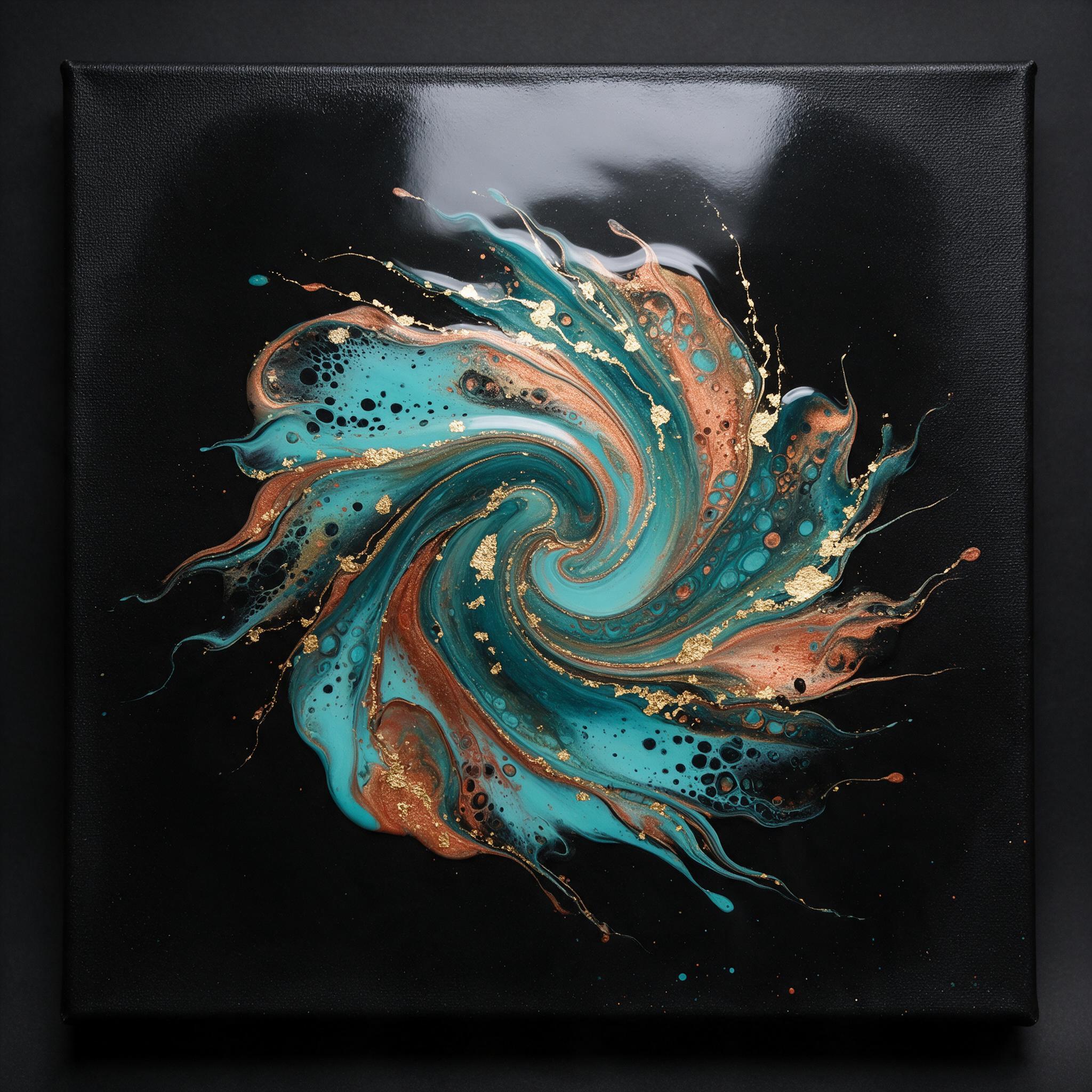 Minimalist fluid art on matte black canvas, contrasting swirls of turquoise and copper with gold leaf veins, glossy acrylic resin creating depth, soft studio light with subtle reflections, centered composition with negative space, 1:1 aspect ratio