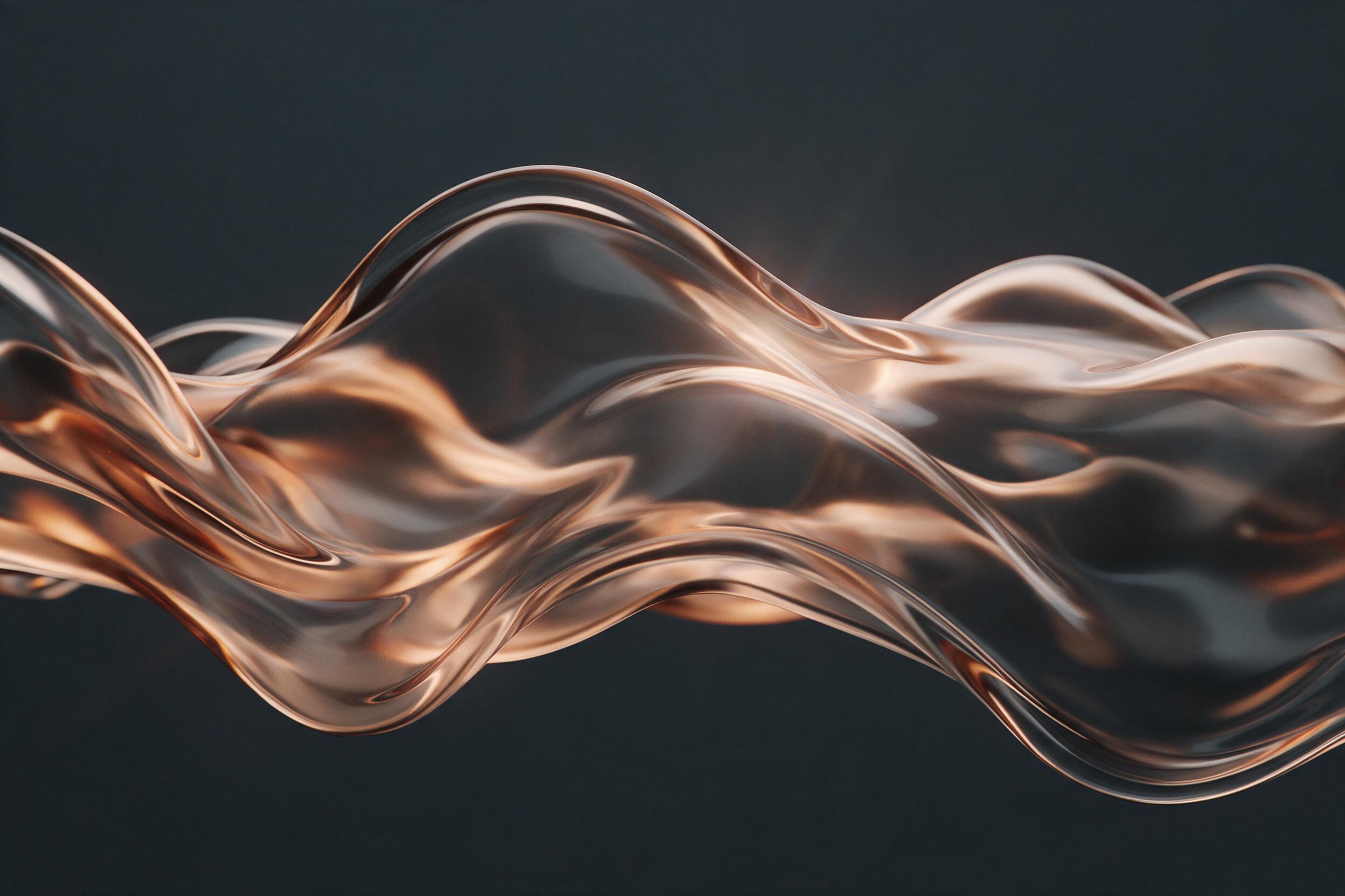 Flowing liquid glass curves catch warm amber light against a deep charcoal backdrop, ripples frozen mid-motion, soft gradients, subtle lens flare, minimalist composition, smooth tactile surfaces, no text.