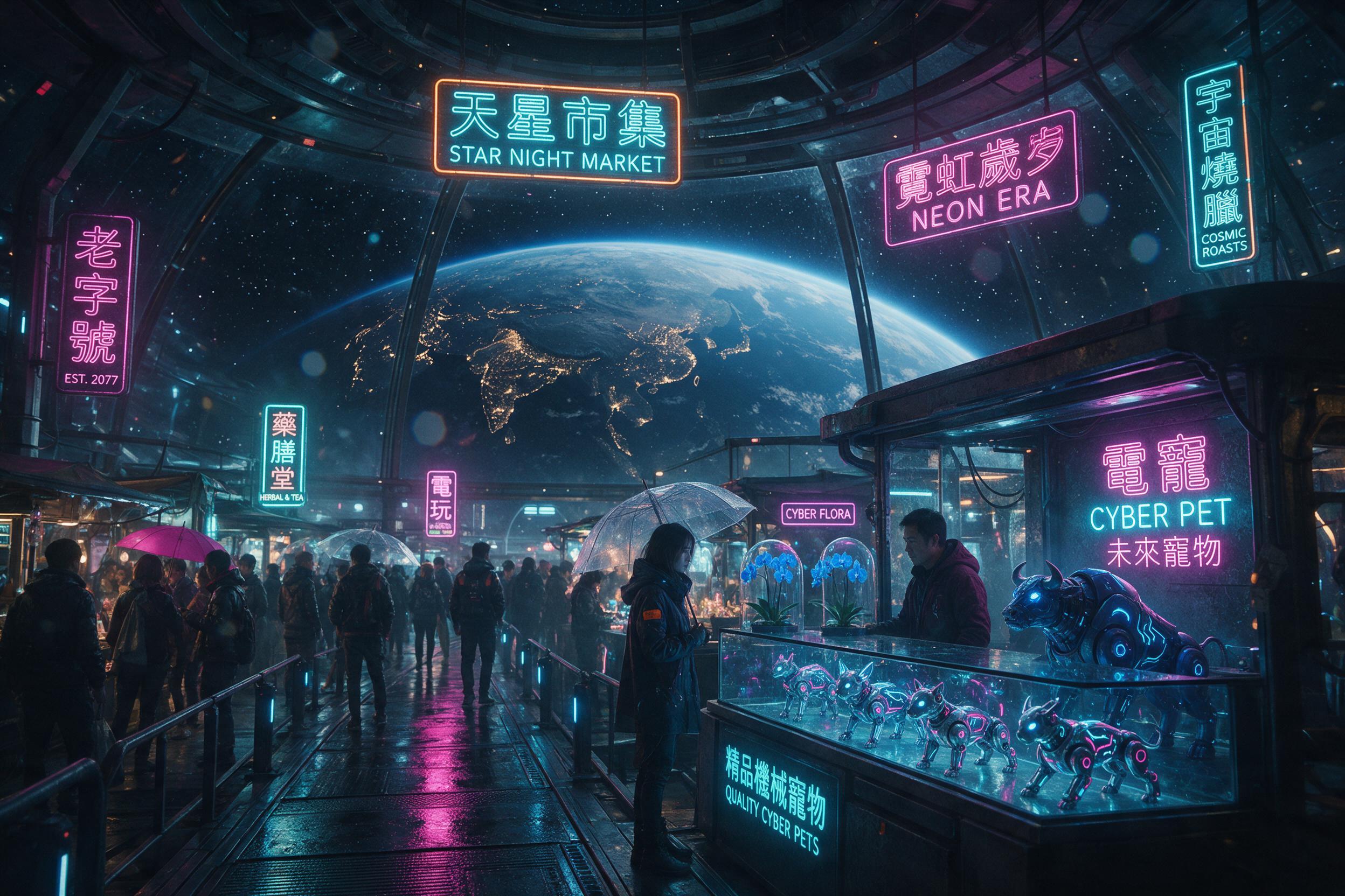 A night market on a floating space station, neon signs in Cantonese and English reflecting on wet metal walkways, stalls selling glowing cybernetic pets, distant Earth visible through a glass dome, cool blue and magenta tones, cinematic composition with shallow depth of field, subtle lens flare.