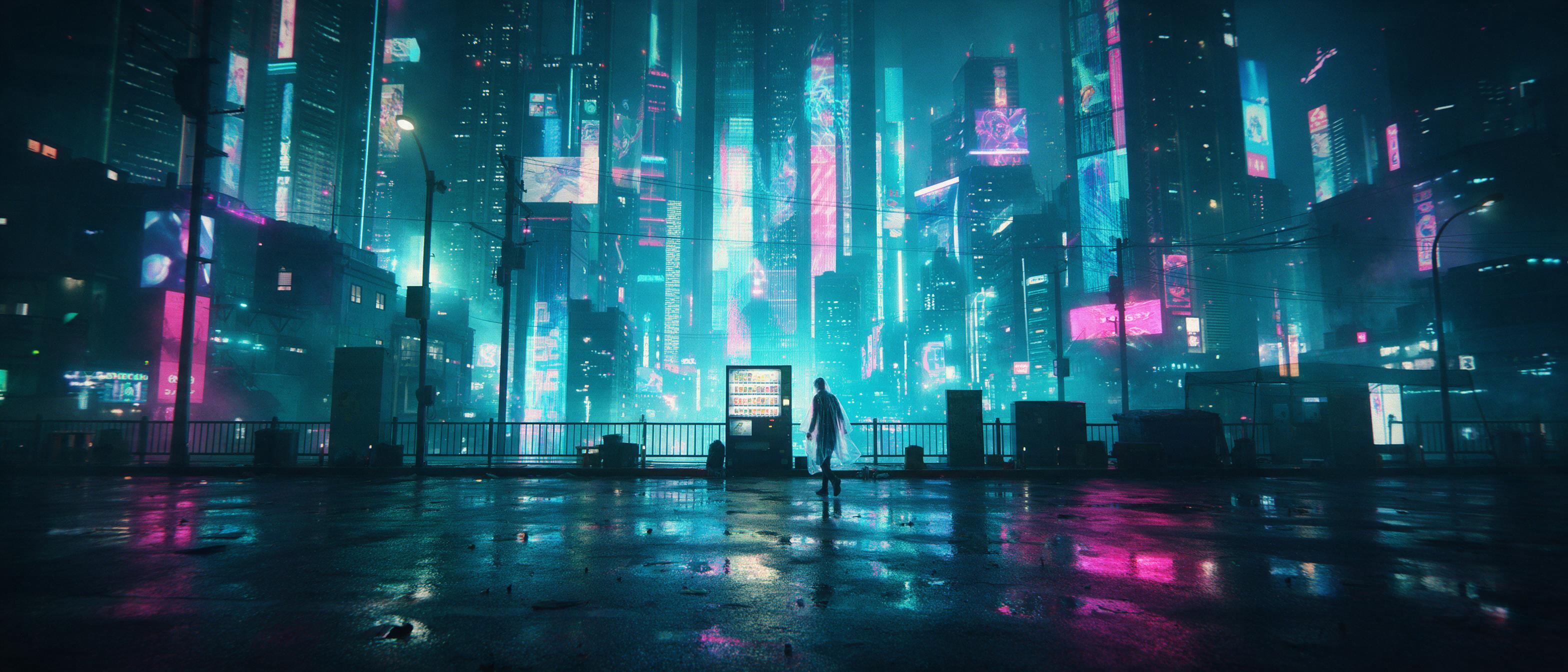 Neon-lit rain-slicked street in a futuristic Tokyo, holographic advertisements flickering on towering skyscrapers, reflections dancing on wet asphalt, a lone figure in a translucent raincoat walking toward a glowing vending machine, misty air diffusing cyan and magenta lights, cinematic wide shot, s