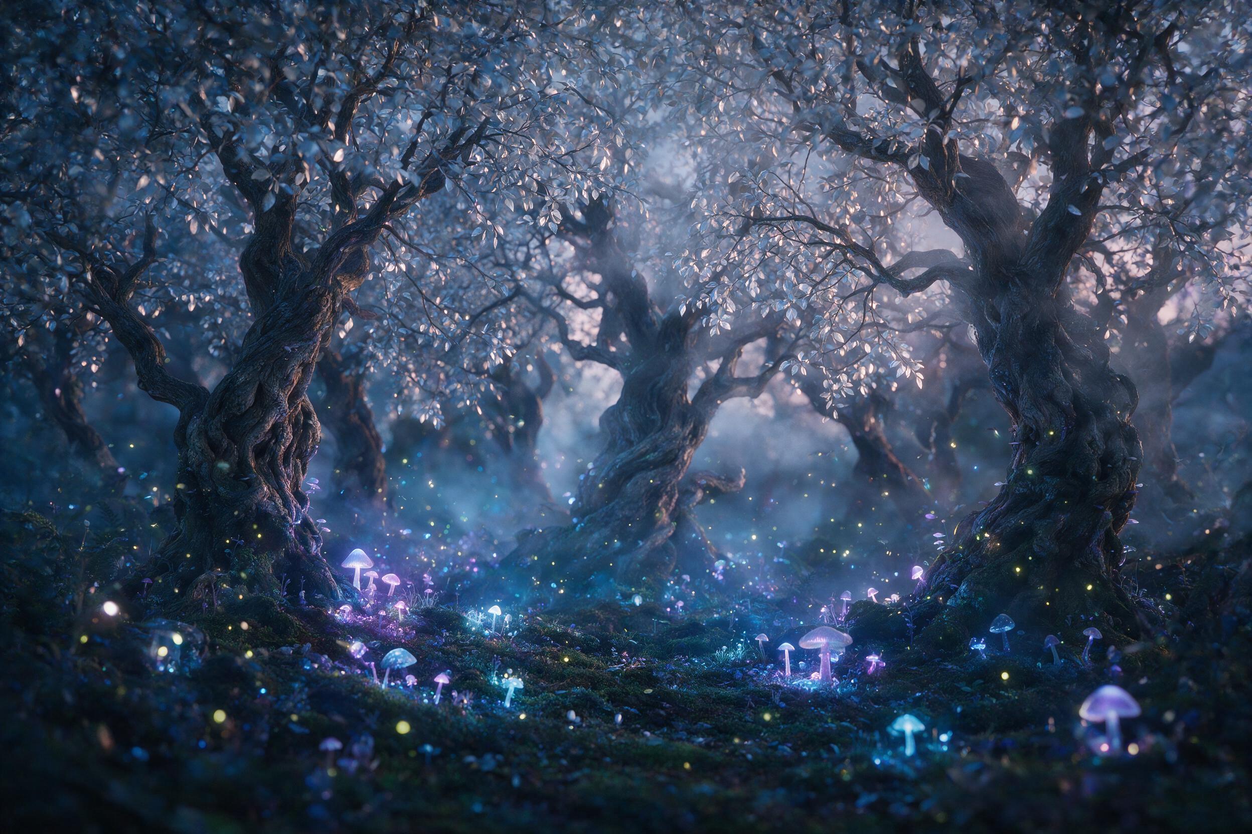 A luminous forest at twilight, glowing mushrooms and floating fireflies casting soft blue and purple light on mossy ground, ancient twisted trees with silver leaves, mist weaving through branches, shallow depth of field, ethereal atmosphere