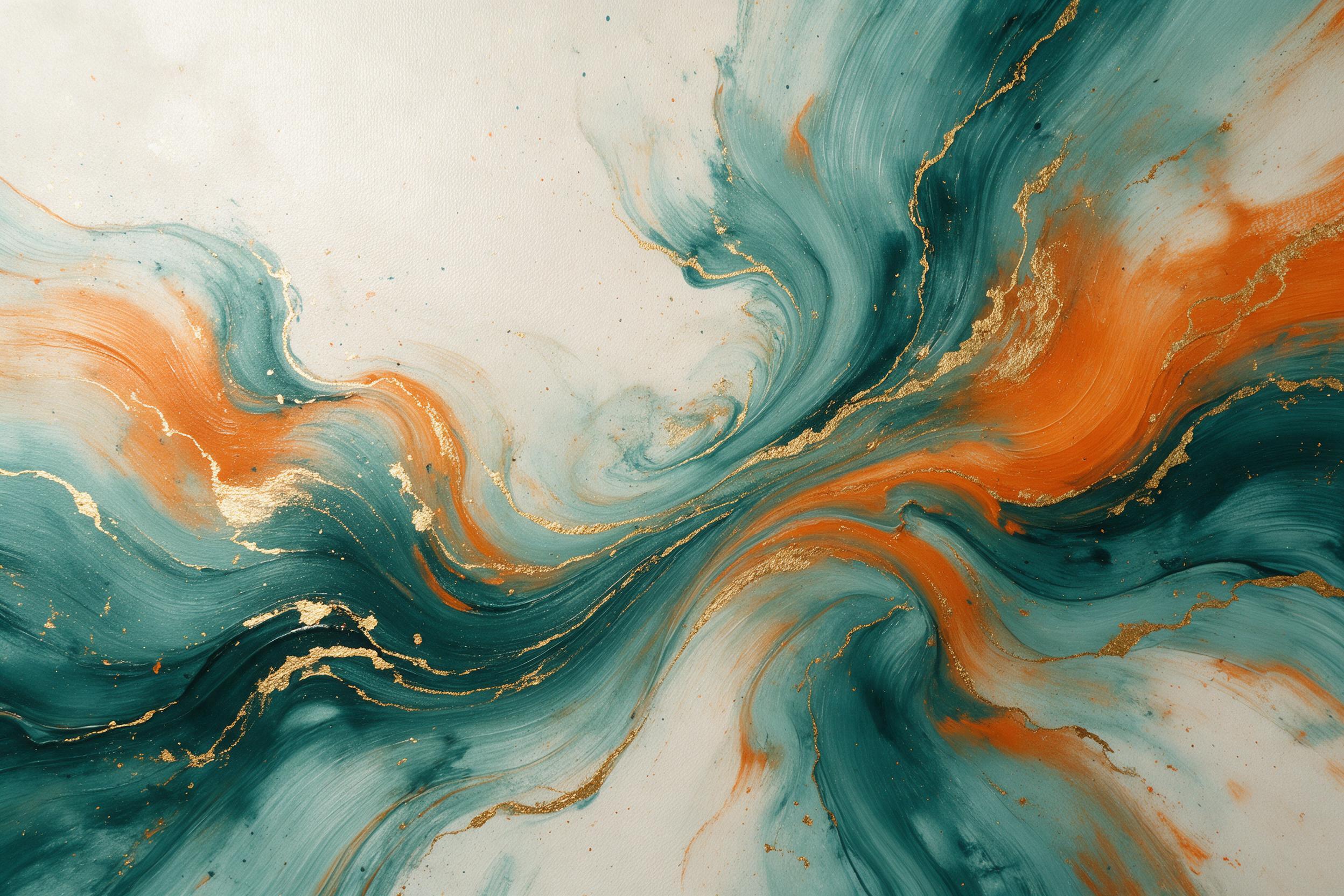 A fluid abstract painting of swirling teal and burnt orange pigments, glossy acrylic on canvas, with delicate gold leaf veins catching soft window light, subtle texture from palette knife strokes, minimalist composition with negative space on the upper left.