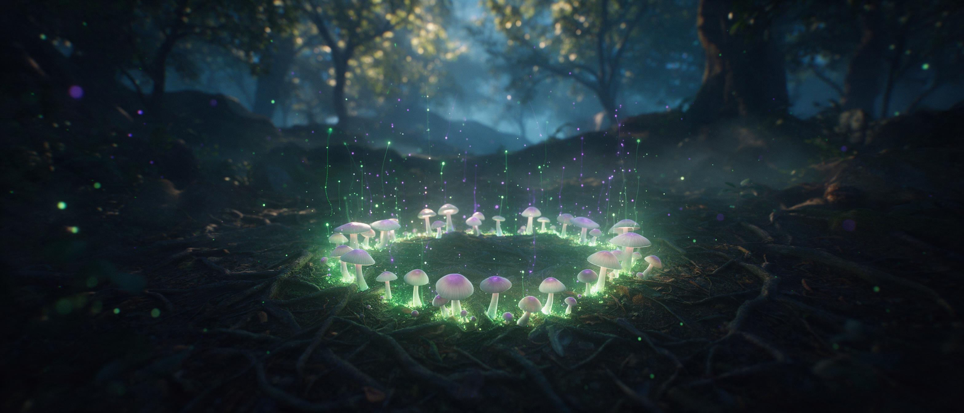 A glowing bioluminescent mushroom circle in a misty ancient forest, emerald and violet light trails from floating spores, root-laced ground, soft volumetric fog, twilight canopy, cinematic wide shot, shallow depth of field, natural light filtering through leaves