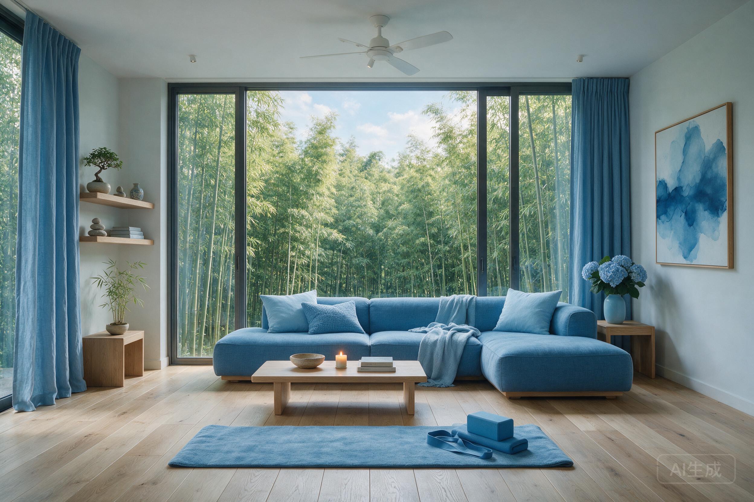 Modern zen meditation space with floor-to-ceiling windows overlooking bamboo forest, minimal design, calm blue tones